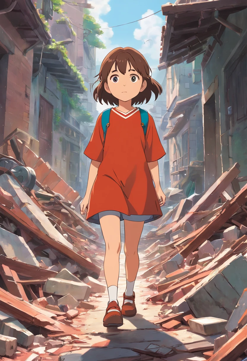 Introducing the protagonist, a young girl named Ellie. She is shown alone, navigating through the debris, her face reflecting determination and resilience. The camera zooms in on the hope shining in her eyes.