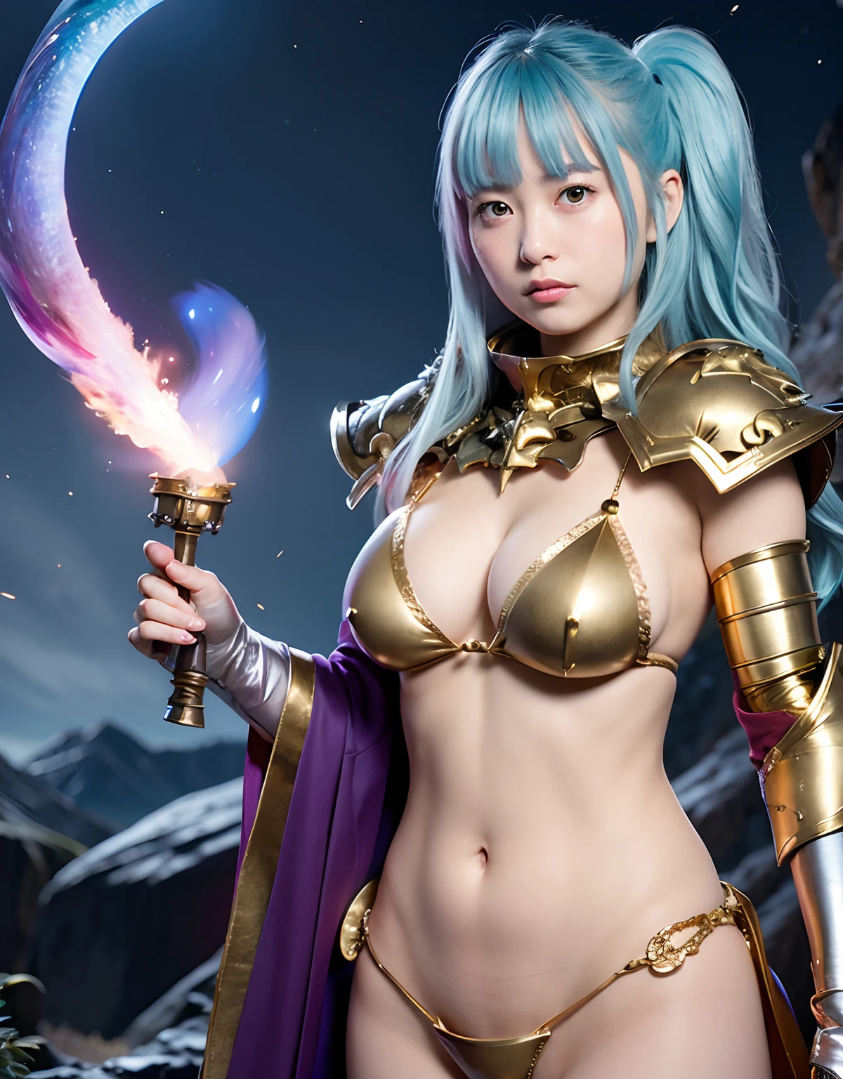 Professional , ​masterpiece、top-quality、photos realistic , 、top-quality、超A high resolution、(Photorealsitic:1.4)、Raw photo、depth of fields （Gemstone Gold Metal Body:1.9),(Matte White、Toostock、heavy breasts、（cleavage of the breast）、(((Micro Bikini Armor))),（Detailed Dragon Armor）、（Have the strongest weapon）、（(Random Hairstyles 1.6),Dark Fantasy,）explosions、intense fighting、（Precipitous cliffs),Dragon Gold Weapon,Mystical expression、Particles of light、Fight dragons、（Detailed Dragon Helmet),Gorgeous Silver Weapons ,（（ Dragon's dense and gorgeous sword）） , Beautiful knife   ,warhammer 40k ,Detail and gorgeous tiaras、（（Blue hair））、（Castle background）、、（（Gangle's forest background））、Beautiful Caucasian beauty、１a person、dynamic ungle,(((With detailed shielding)))、Smaller head、A smile、Castle background、Thin and beautiful female hands、cleavage of the breast、Soldier in iron armor on background、Mystical expression、Light Effects、intense fighting、Wind-effect、magic circles、With the legendary magic wand、（demonic wings）、Toostock、