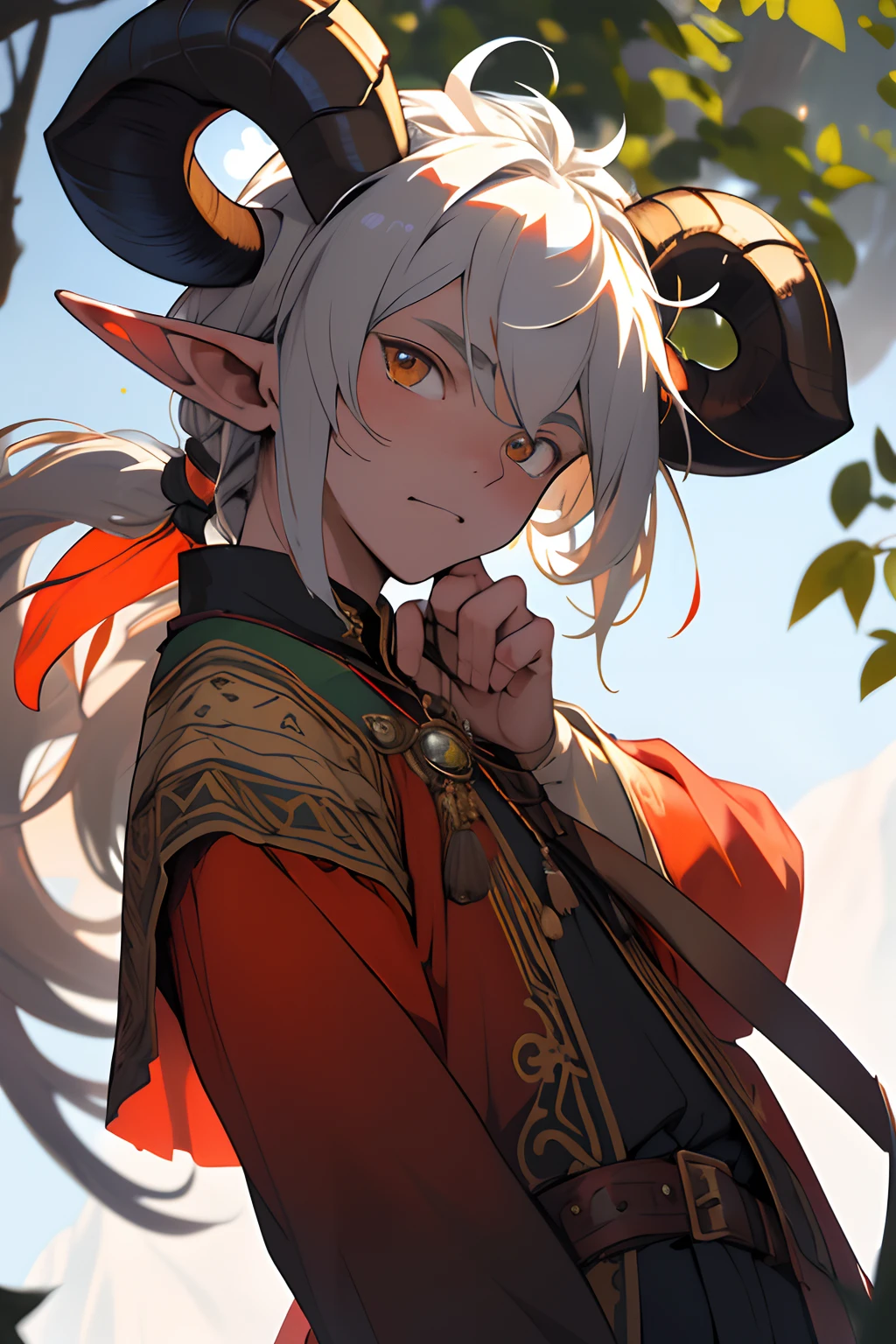 beste-Qualit, tmasterpiece, extra high resolution, Detailed background, realisti, Hades style, 独奏, ember, A young, teenaged, 18 years, Teen ,Very young animals, satyr, humanoid, horns on head, Satyrs have the lower part of the goat's body, and the upper one is an elf, and goat's horns grow on its forehead, which can range from small spikes to huge ones, worthy of a mountain goat. In addition to their lush hair, satyrs have hair on their hands, legs and torso, Serious look, Bard Clothing, bard, vinasse, Medieval Bard Clothes , chaotic–neutral, , Horror \(subject\),Dark Fantasy, Good Guy , knave, Depth of field, child