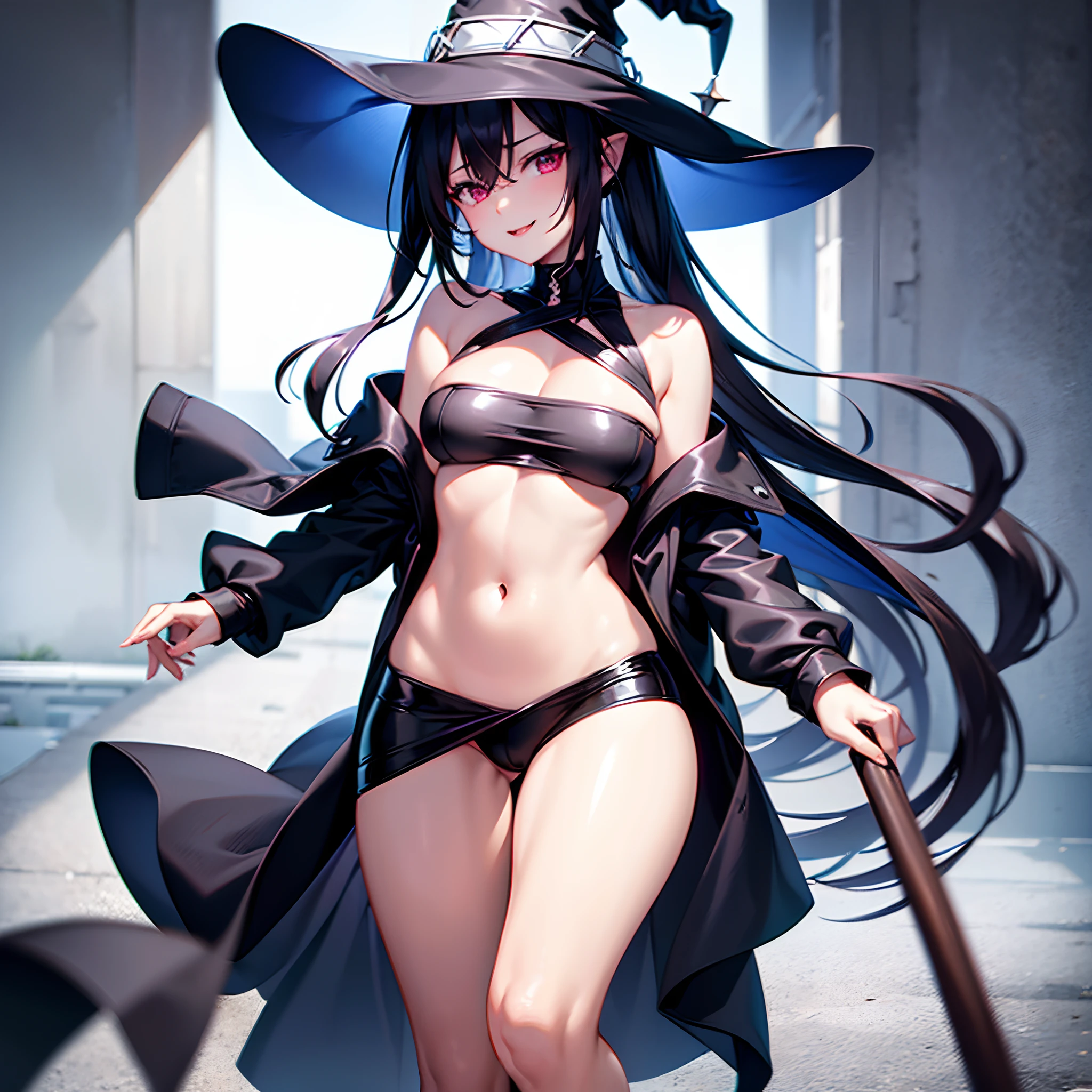 A mysterious Western-style otherworldly town、One naked 27-year-old woman standing、Black coat、white t-shirt、a black skirt、beautiful thigh、Beautiful calves、White lob hair with blue-violet mesh、Looking at me with a smile、Black sneakers with white shoelaces、Large witch hat with sapphire accessories、Red eyes with highlights、nudde、fullnude、B cup breasts、toppless、bottom less、R-18、Eromanga、Hentai anime、nipple looks,Long Bob Hairstyles、I'm not wearing anything、not wearing anything、I can see the female genitals、she is inviting、she is seducing,temptation,I'm seducing you by spreading my crotch