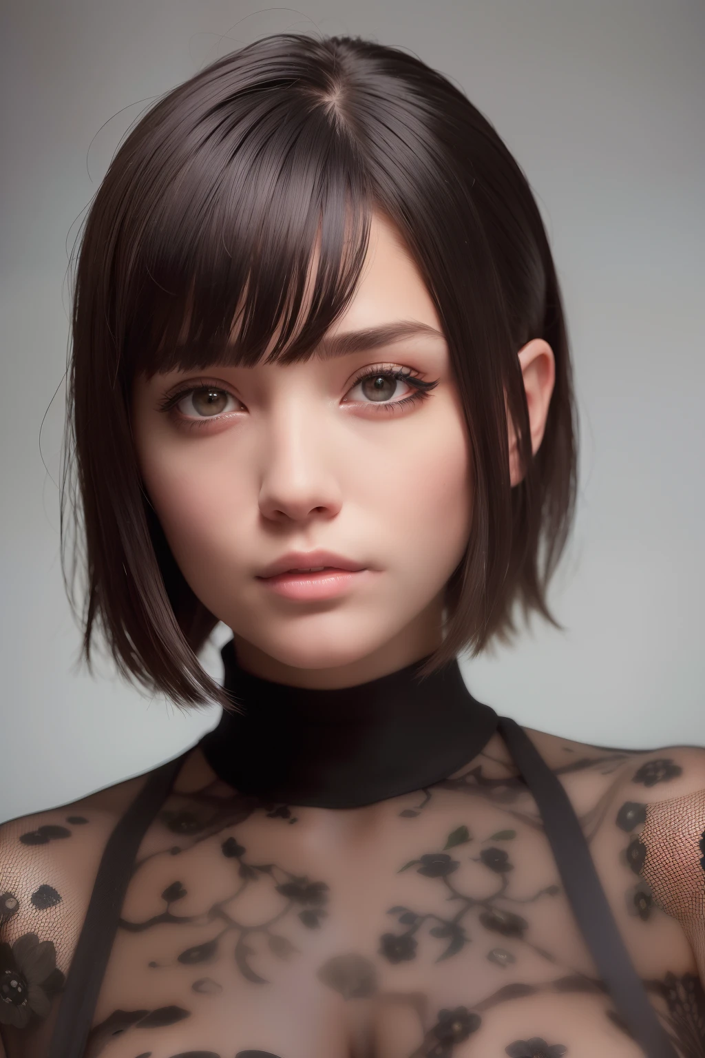 (best quality, ultra-detailed, realistic:1.37), A girl with a wolfcut haircut, black eyes, wearing a black sweater and having black wolfcut hair. Oil painting, detailed brushstrokes, vivid colors, soft lighting, art studio vibe.