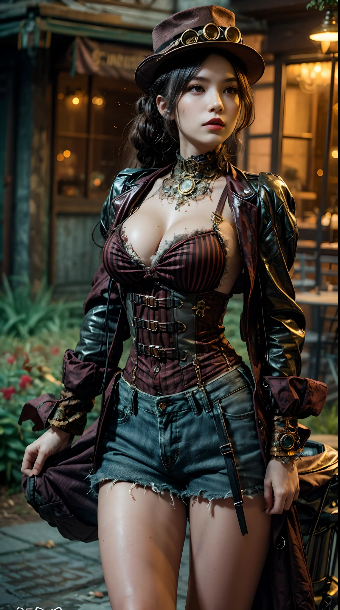 Masterpiece, perfect details, steampunk girl,solo, perfect body, steampunk survival outfit, perfect breast,, survival, steampunk apocalyptic world