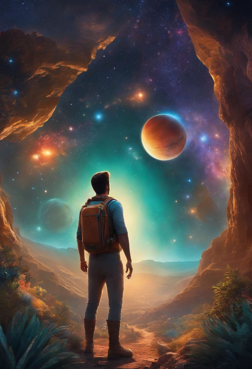 A futuristic people explorer, inspired by Pixar animation, up close, traveling through the cosmos of creativity, with shooting stars and uncharted planets in their path. The colors are vivid and lush, with a touch of mystery