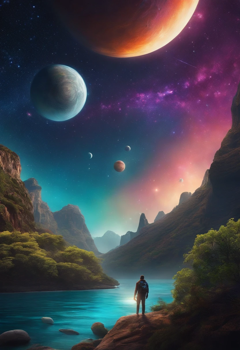A futuristic people explorer, inspired by Pixar animation, up close, traveling through the cosmos of creativity, with shooting stars and uncharted planets in their path. The colors are vivid and lush, with a touch of mystery