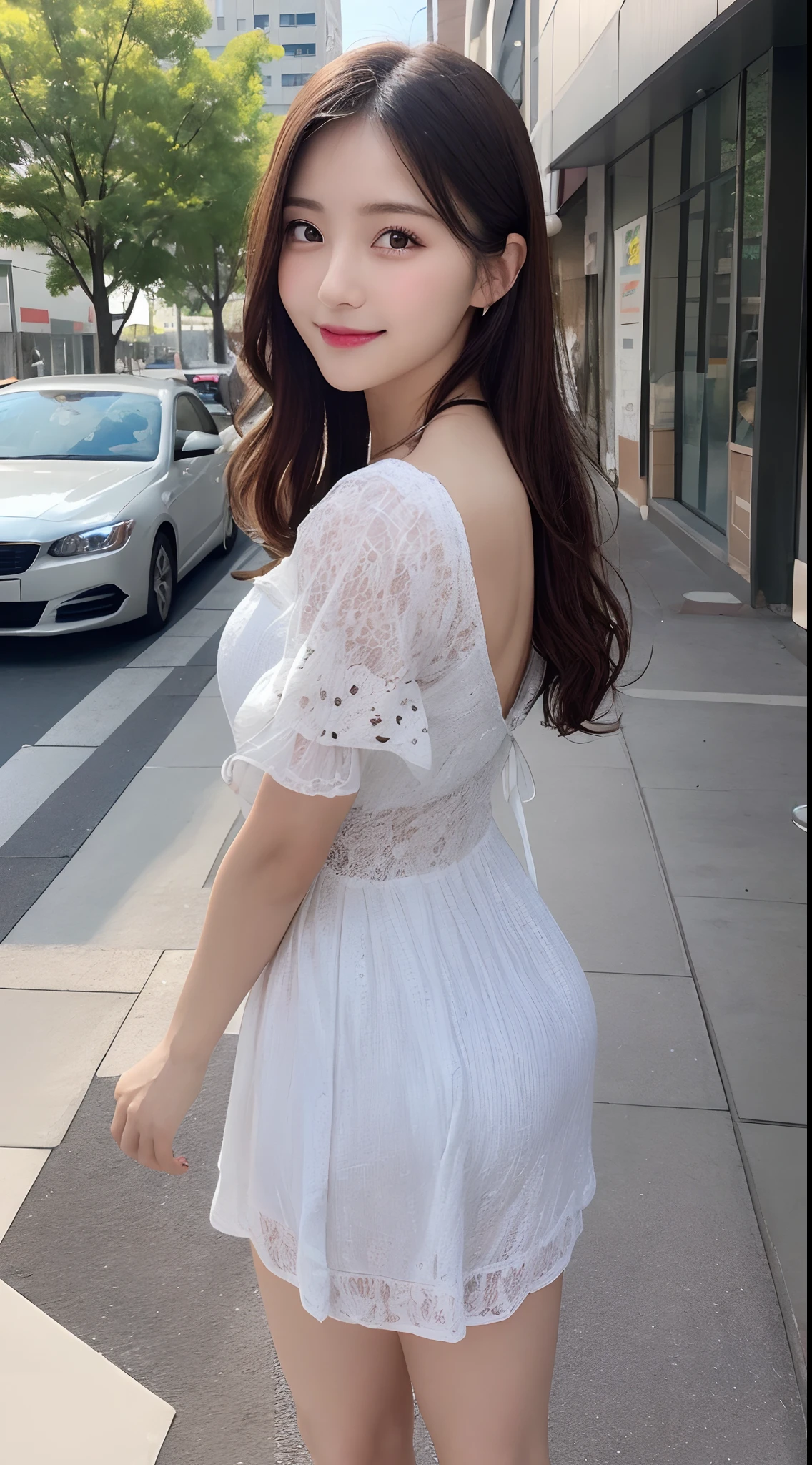 masutepiece, Best quality, illustration, Ultra-detailed, finedetail, A high resolution, 8K wallpaper, Perfect dynamic composition, Beautiful detailed eyes, summer dress,Medium hair, Body plumpness,Raised sexy, Natural color lips, Random and sexy pose,Smile,Aoyama Street Walkway、Girl in her 20s