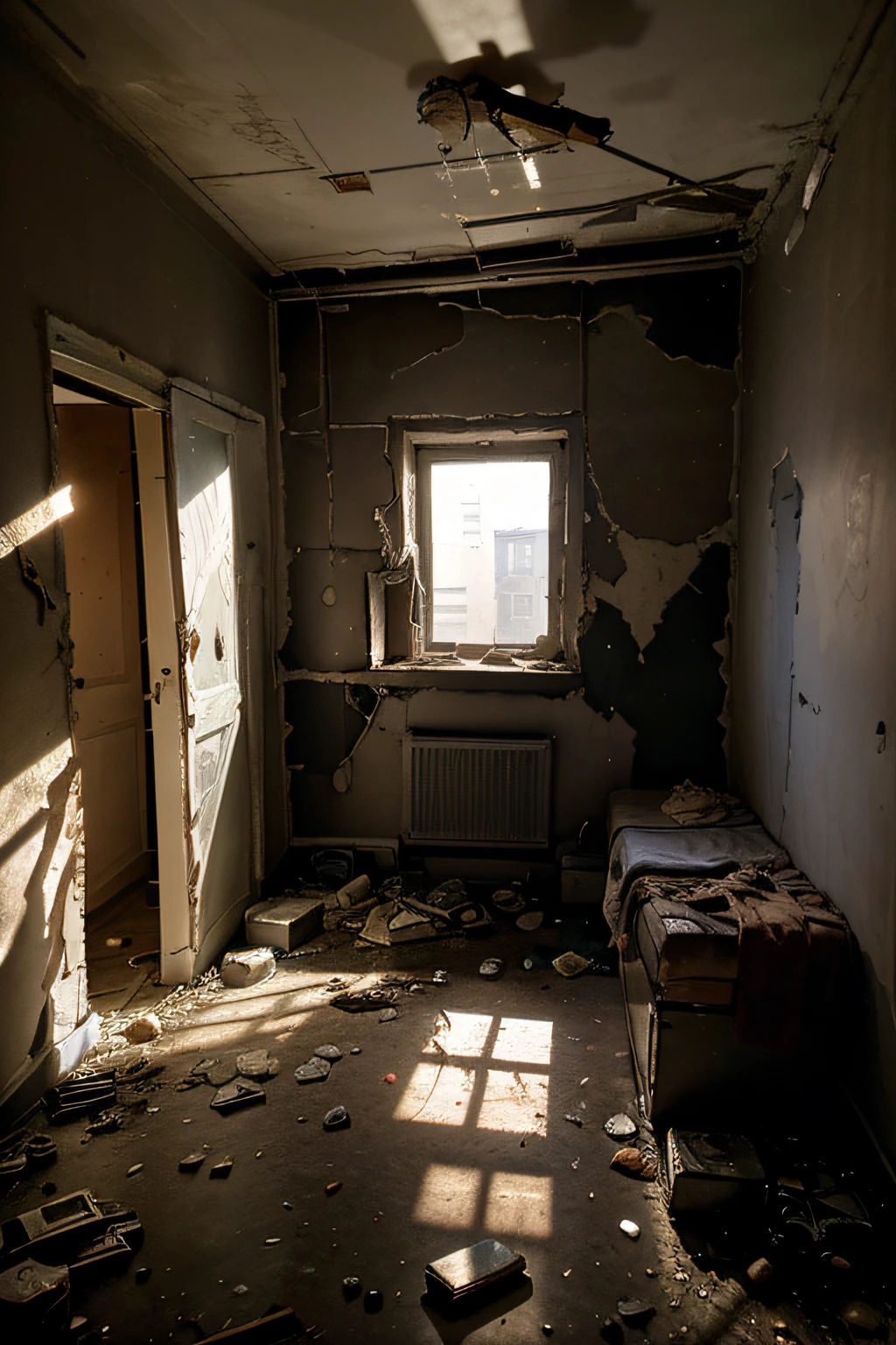 Sinister room scenography, oppressive atmosphere, worm-eaten and deteriorated walls, uncomfortable bed, abandoned boxes piled up, furniture broken in corners, with thick layers of dust. In the center, a shattered window allowed timid sunlight to penetrate, darkness almost always prevailing.