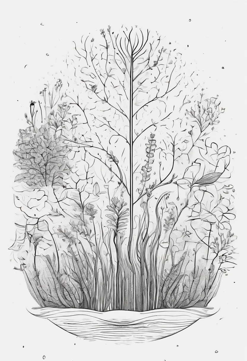 Various plants form fingerprints around a drop of water in the center,Minimalist