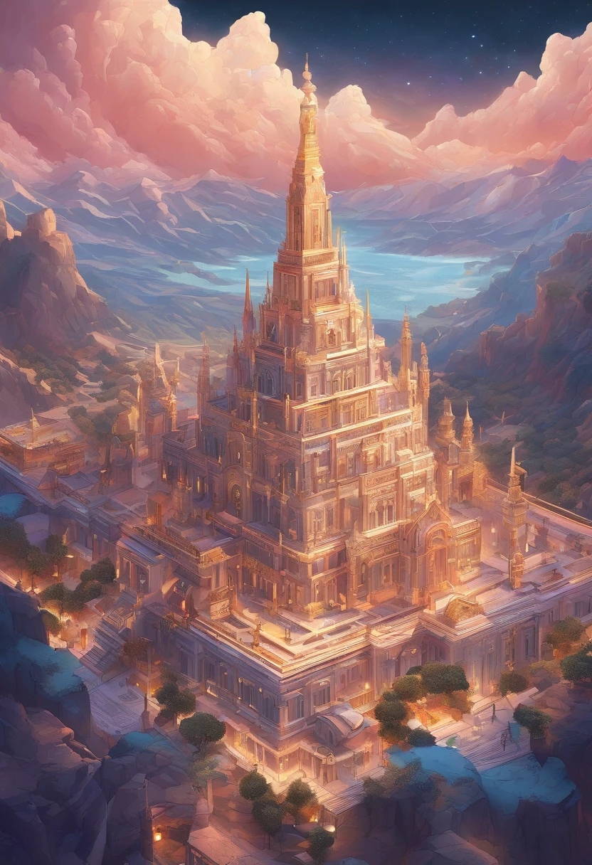 (best quality, masterpieces, detailed, new features), A majestic kingdom in the sky, with shimmering effects and an eternal realm. Reflective surfaces and soaring architecture that reaches the clouds. Astonishing details that are intricately crafted. A cosmic ode to Zeus.