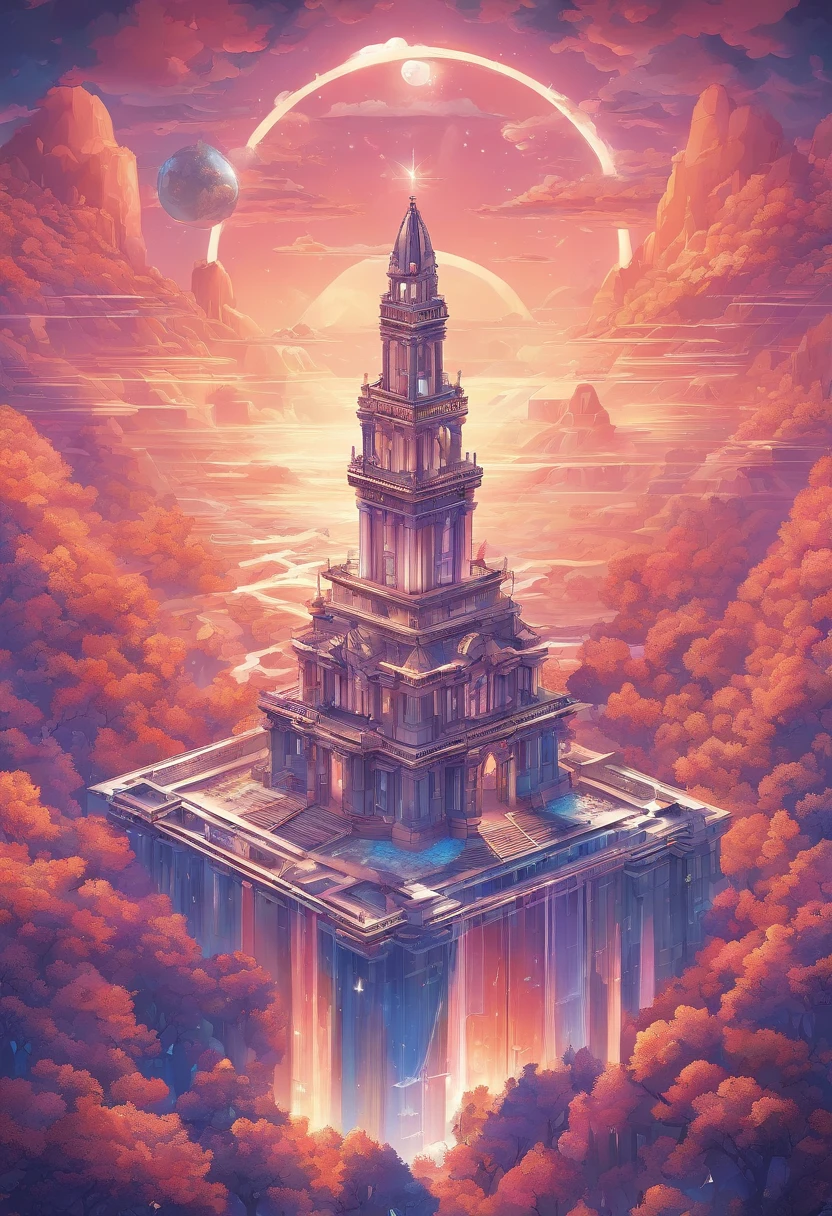 (best quality, masterpieces, detailed, new features), A majestic kingdom in the sky, with shimmering effects and an eternal realm. Reflective surfaces and soaring architecture that reaches the clouds. Astonishing details that are intricately crafted. A cosmic ode to Zeus.