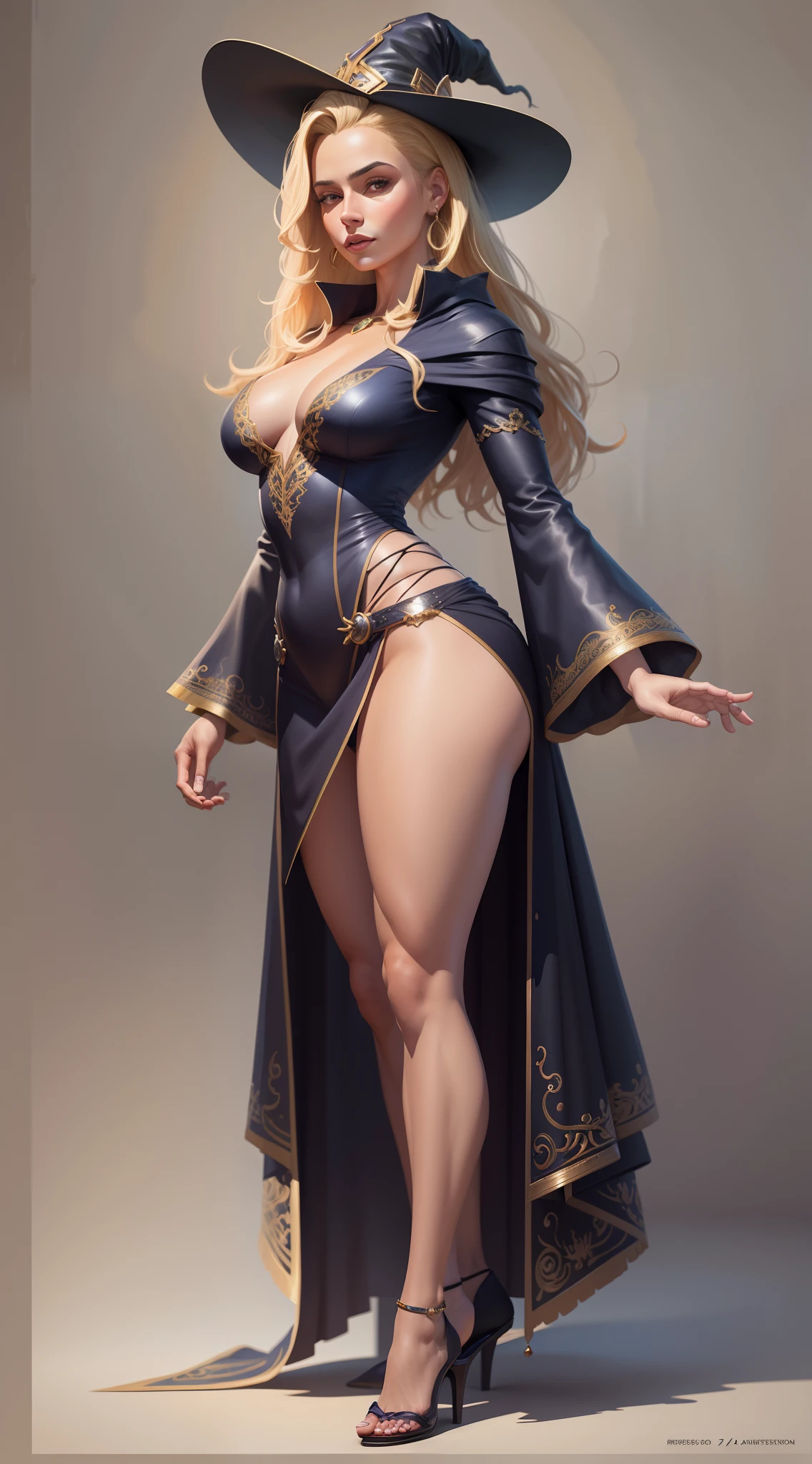 full body shot, exaggerated anatomy, gorgeous female latina witch, blonde hair, short skirt, open robe, lifelike stylized realism bold linework detailed rendering full color palette digital painting layered shading