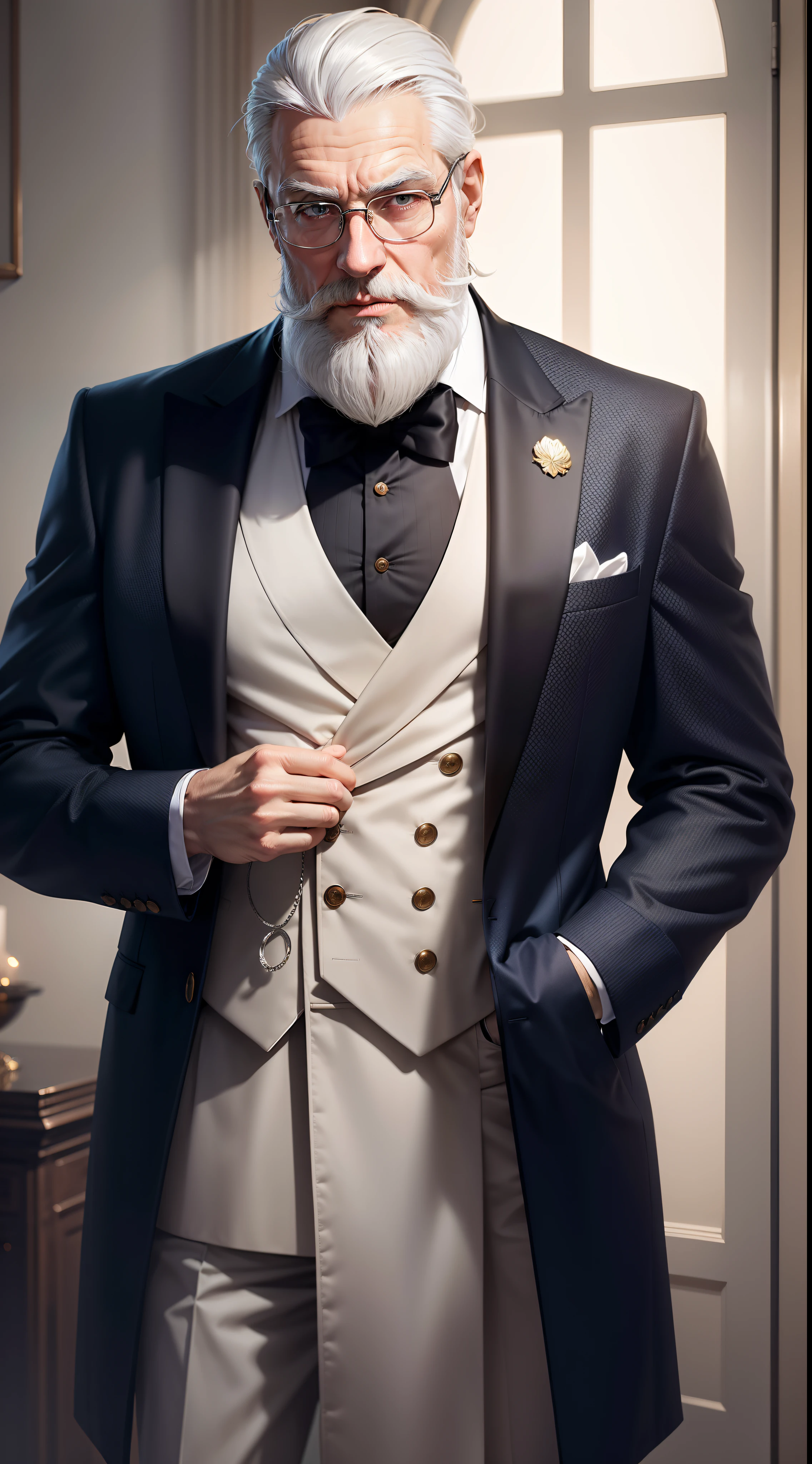 Tall，Steady temperament，Dress smartly，
He has silver hair，Sharp and visionary，
Self-confidence and affinity，Stand on the podium，Business Success People，Mature and steady，frontal photos，Long white beard