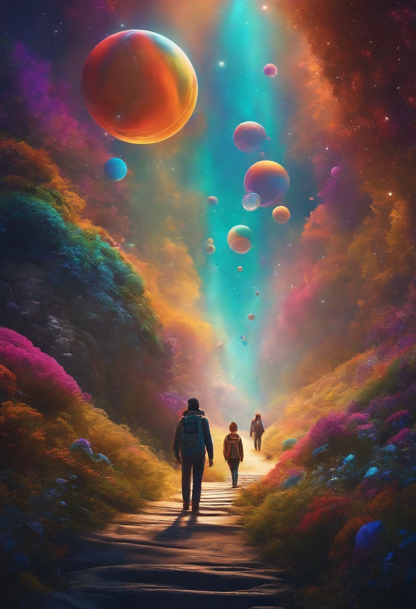 A futuristic people explorer, inspired by Pixar animation, up close, traveling through the cosmos of creativity, The colors are vivid and lush, with a touch of mystery
