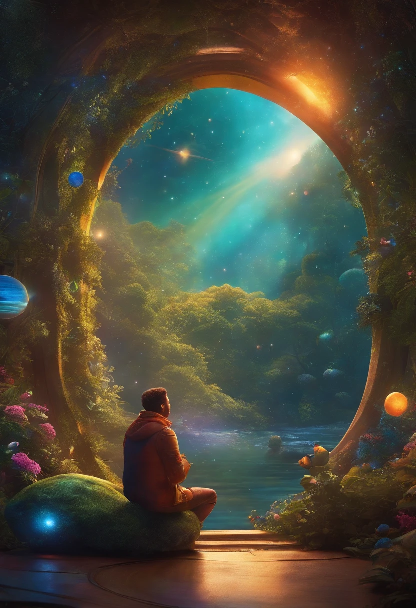 A futuristic people explorer, inspired by Pixar animation, up close, traveling through the cosmos of creativity, The colors are vivid and lush, with a touch of mystery