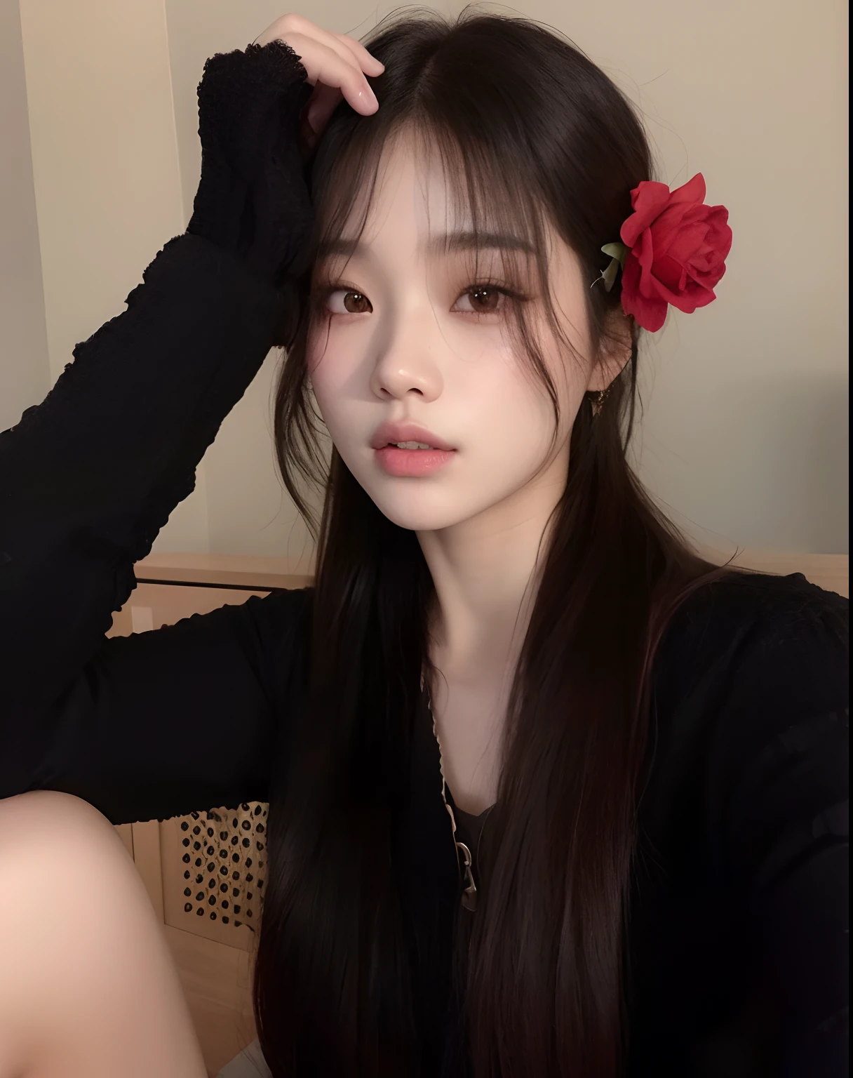 There's a woman holding a rose in her hand in a bathroom, Ulzzang, jennie blackpink, maquiagem sul-coreana popular, Jinyoung Canela, menina coreana, maquiagem coreana popular, young adorable korean face, wan adorable korean face, beautiful aesthetic face, young cute wan asian face, Beautiful Asian girl, Asian girl, south east asian with round face, young asian girl