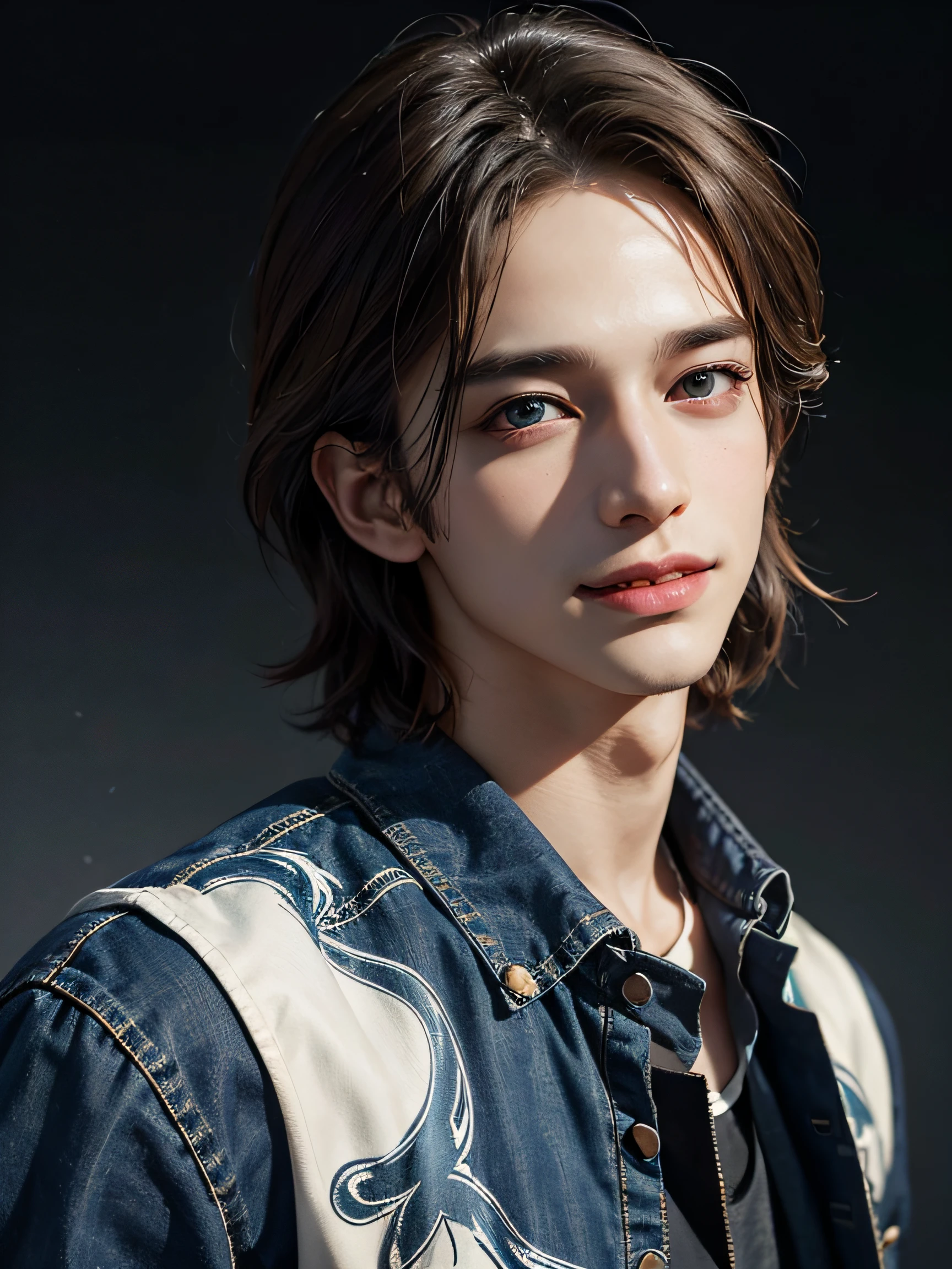 1boy, 17 yr old, teenaged, Light-brown hair, azure blue big eyes, Solo Focus Teen Facial, white  shirt, a handsome, Smiling, Realistic, The dynamic pose is realistic, Detailed and correct facial structure, Leon S. Kennedy, a handsome, Extremely detailed, Dynamic Angle, cowboyshot, The Most Beautiful Shape, elegant, bright colours, romanticism, James Jean, roby dwi antono, by Ross Tran, francis bacon, michal mraz, adrian ghenie, petra cortright, gerhard richter, takato yamamoto, ashley wood, atmospheric