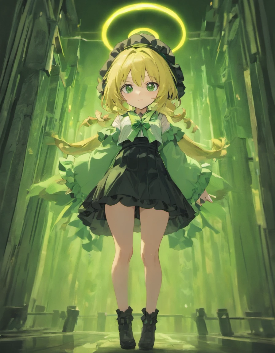 Black beret at back of the head、Green Ribbon、Wearing a white ruffled blouse and high-waisted black shorts、boots、huge tit、cloaks、Green eyes、Silvery long hair