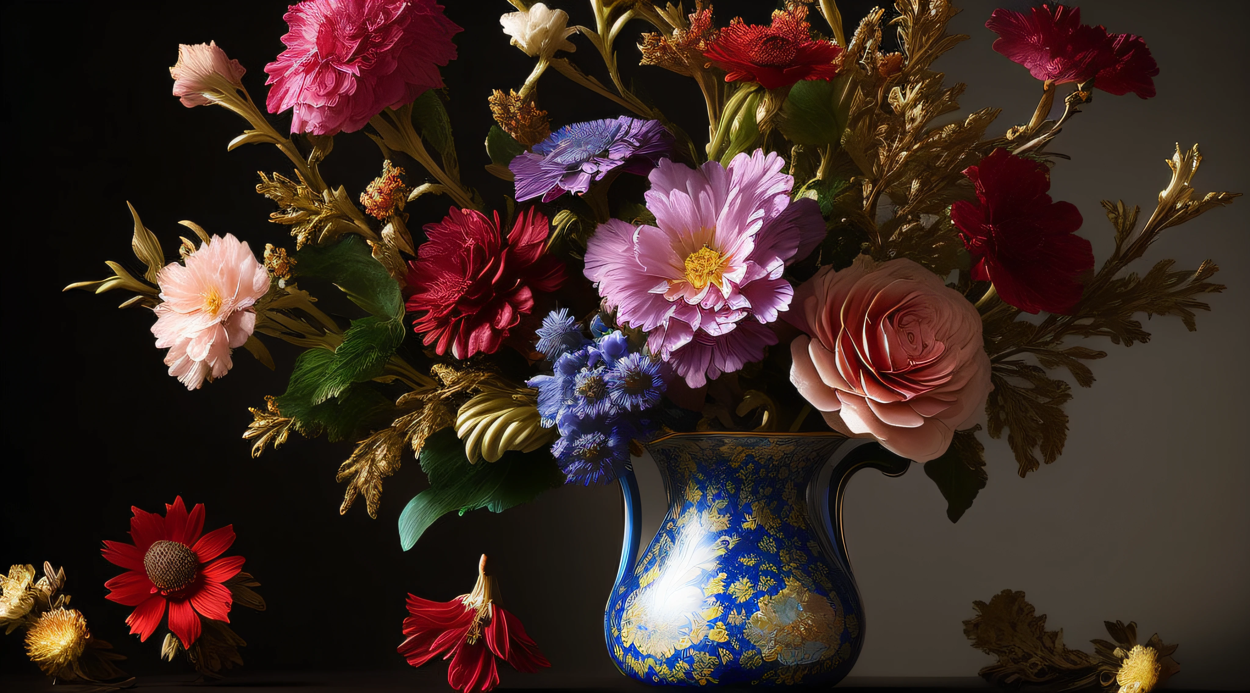 a multi elemental flowers in baroque vase, Elemental Flowers, dark background, highly detailed, sharp focus, professional, 4k, max detail, god rays, highres,high detail, sharp focus, smooth, aesthetic, extremely detailed, baroque, detailed facial features, hand model, petite, delicate, intricate details