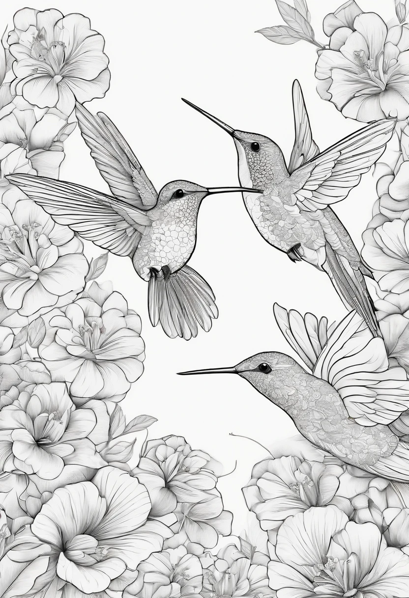 Hummingbirds in a Flower Garden, Coloring Book Style, Vector Lines, Black and White.