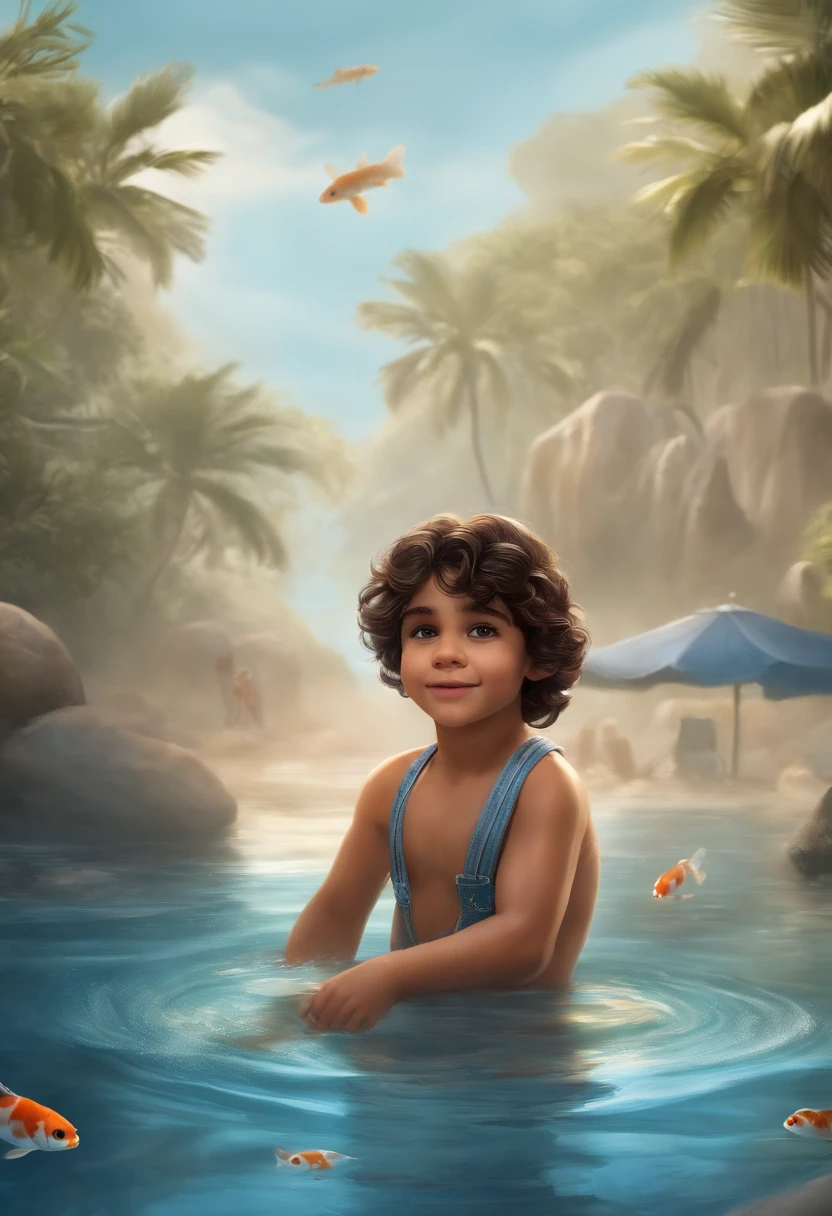 qualidade de imagem do filme,Disney Animation Style,A boy swims in the sea with a koi in his arms,cabelo curto e detalhado,Denim suspenders,Bare feet,profundidade de campos,Luz alta,luz real,Traching de raias,oc renderizado,hyper-realistic,melhor qualidade,8k,Obras de mestres,super-fino,pelos pubianos detalhados,anatomia correta,sharp focus on eyes,Bokeh,Facial features are carefully described