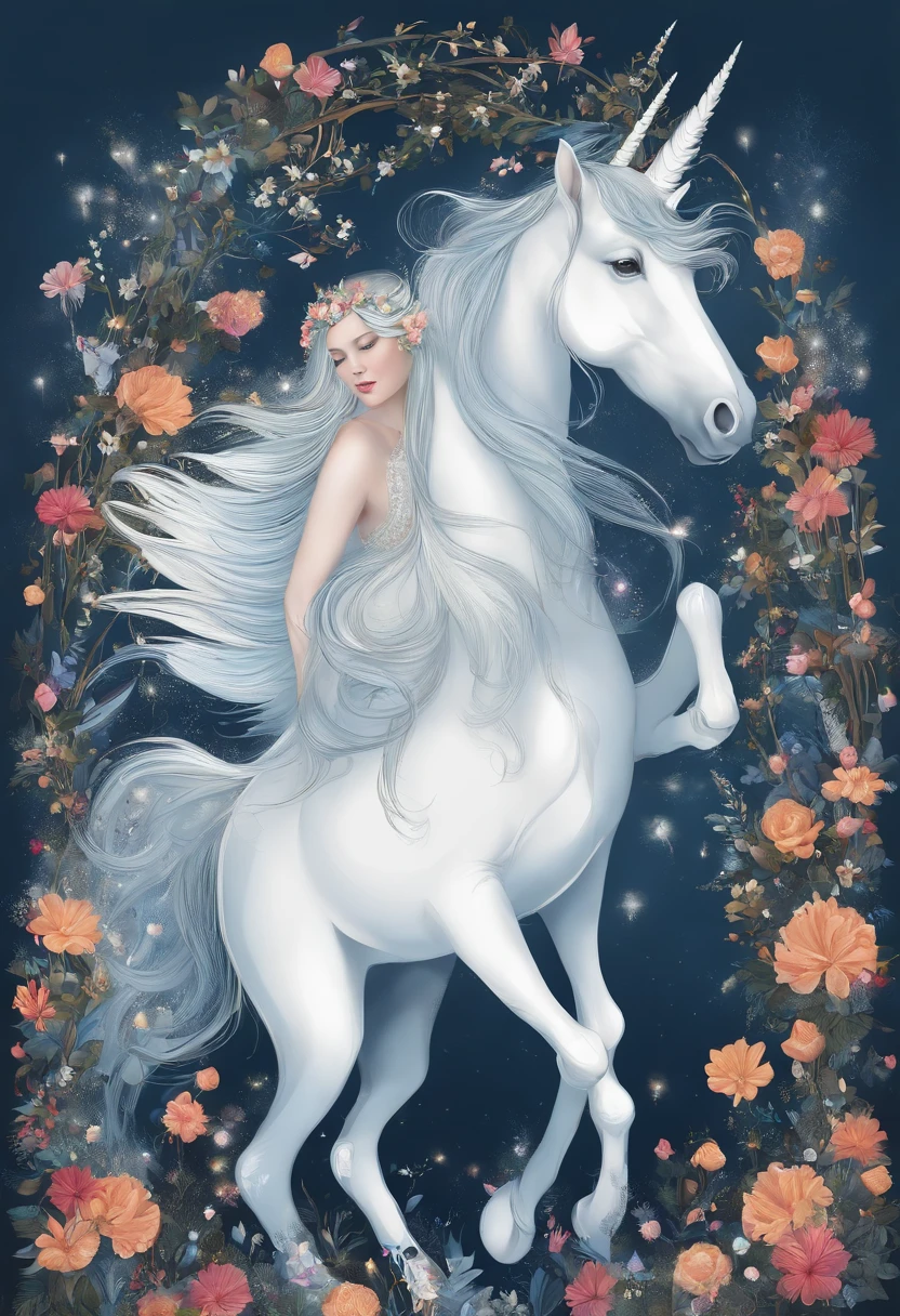 High detalle coloring book page, think black lines, white background, 1 bit line art coloring book, only draw routines, crisp, thick outlines, use up they entire screen, routines art, storybook illustration, Beautiful unicorn girl bathing in a lake and still side is her guardian unicorn