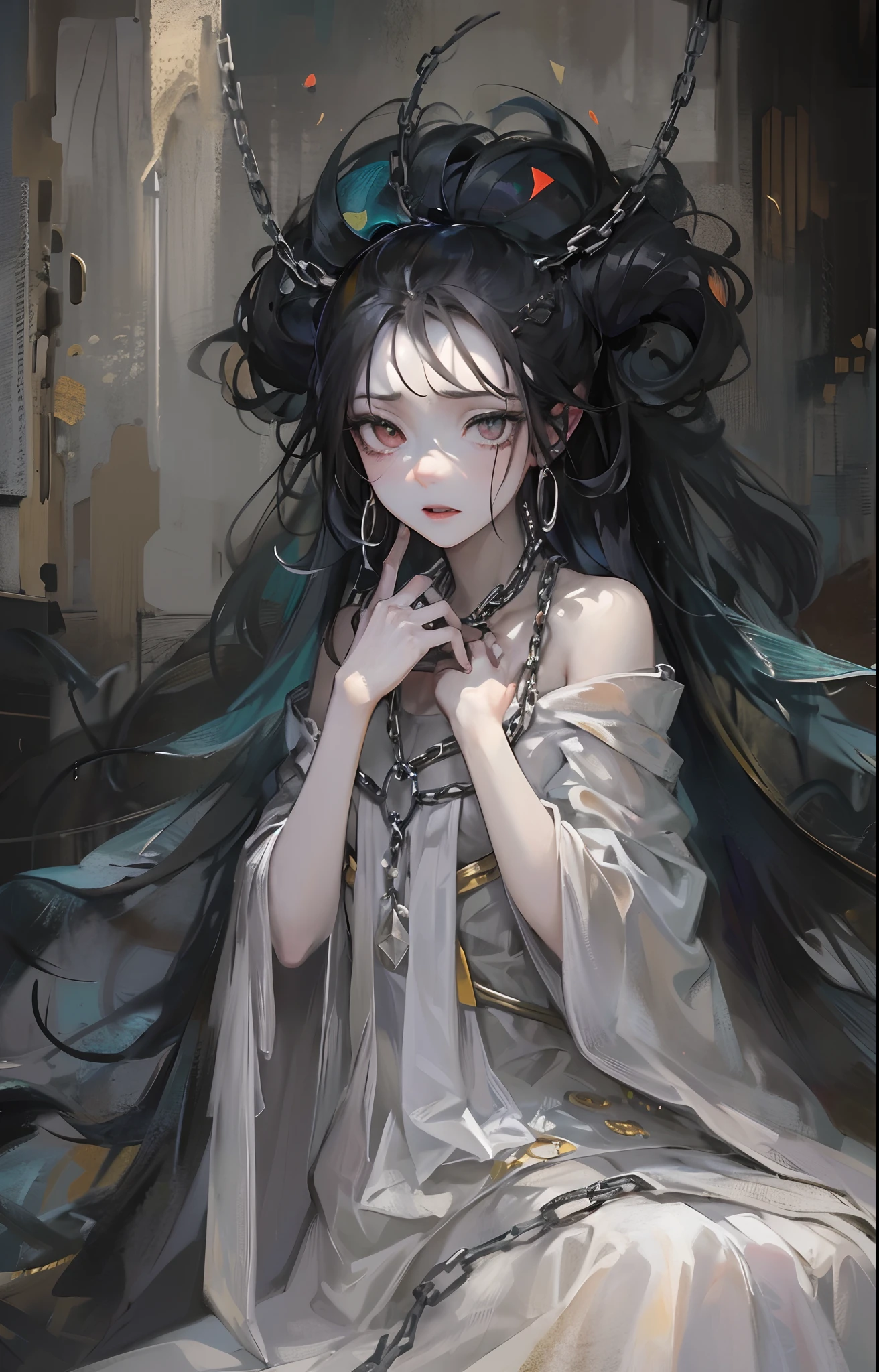 The gray-robed peerless beauty looks down on you，(with hands behind her back)，European Middle Ages，A look of disgust，God of mischief，(sneering)，Chains，Leaky shoulders，Small man's waist，nabel，with short black hair，a crystal pendant，Absurd style，Black silk gloves，White skin of the，((Poor milk))，((tmasterpiece))，(Best quality at best)，(Highest definition)，(A half body)
