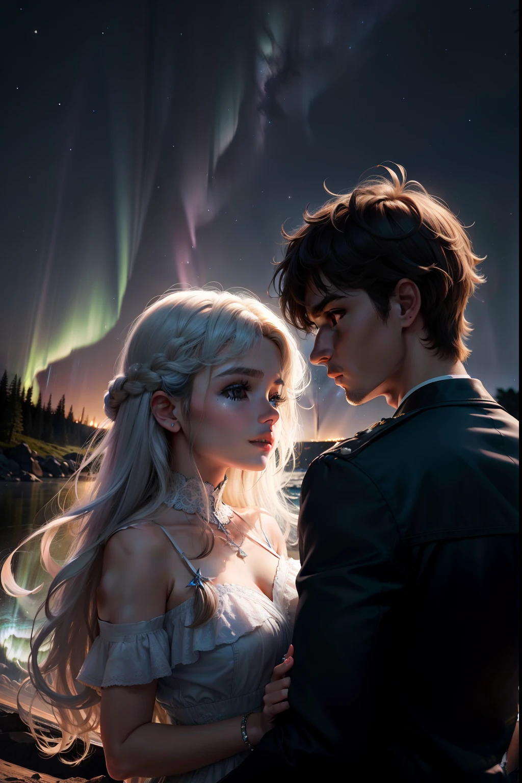 Melhor qualidade, Ultra realista, High Quality Night Sky, Aurora Boreal lua brilhante e estrelas, Spark and lightning, dois casais de adolescentes, garoto, garota, silhueta de dois adolescentes casal apaixonado, garota, cabelos longos, cabelo vermelho, estrelas brilhantes, garoto,