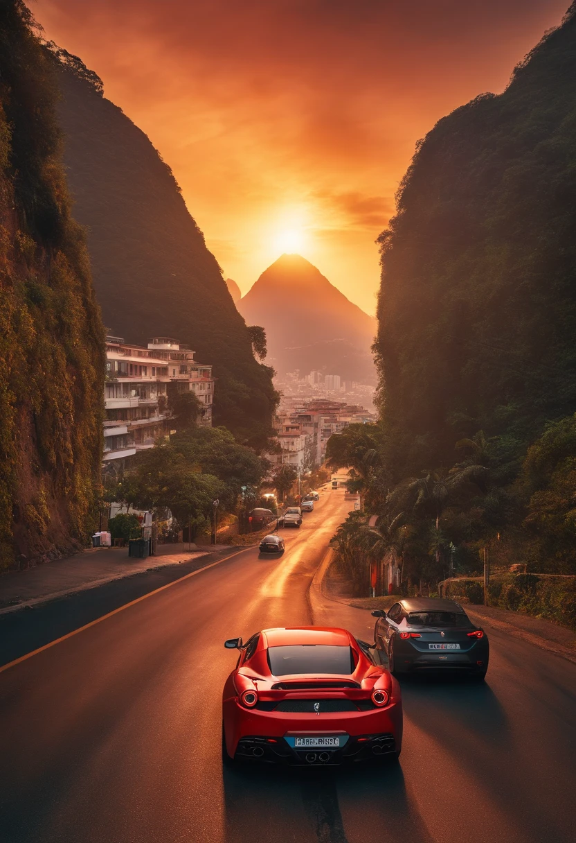 (best quality, 8k, master part :1.2), hyper realistic, cidade do Rio de Janeiro, Brasil, em uma montanha, uma Ferrari 488 vermelha detalhada, Cristo Redentor ao fundo, uma  com uma arma cruzada e uma bola de futebol nos pes de costa em roupas de esporte olhando para a paisagem