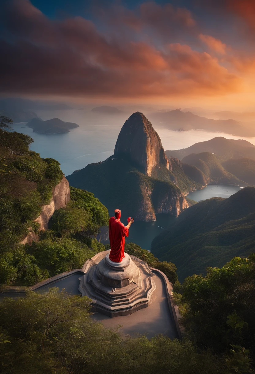 (best quality, 8k, master part :1.2), hyper realistic, cidade do Rio de Janeiro, Brasil, em uma montanha, uma Ferrari 488 vermelha detalhada, Cristo Redentor ao fundo, uma menino com uma arma cruzada e uma bola de futebol nos pes de costa em roupas de esporte olhando para a paisagem
