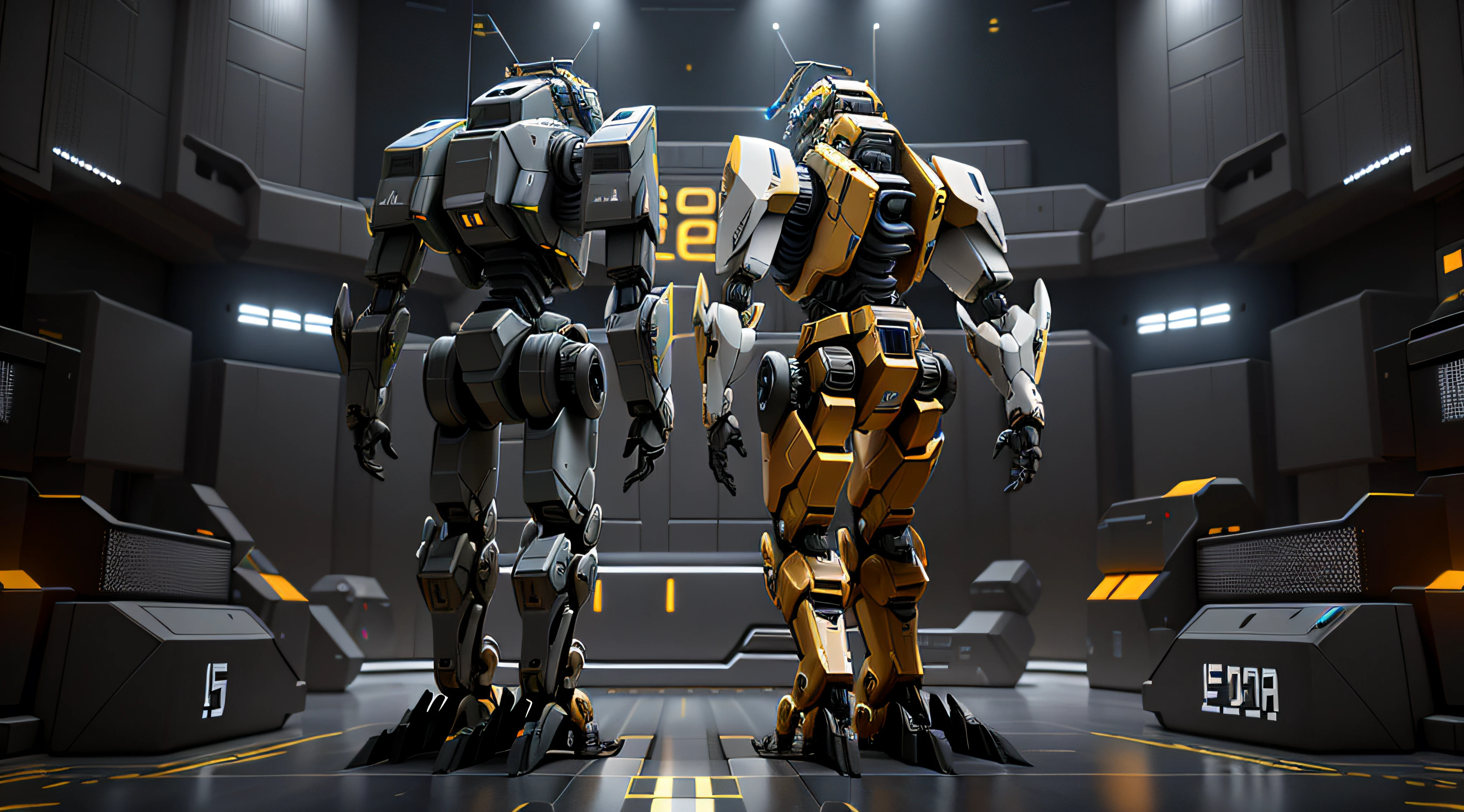 There's a lot of robots that are standing in a room, Captura de tela do videogame>, mech machines firing bullets, high definition screenshot, unreal 6 breathtaking detailed, Plataforma de defesa automatizada, engenheiro irreal 5, hard surface concept art, Piso Mecha, HD 4K jogo captura de tela, Plataforma SciFi, motor irreal', captura de tela de alta qualidade, giant quadruped mining robot, in game capture 3d render