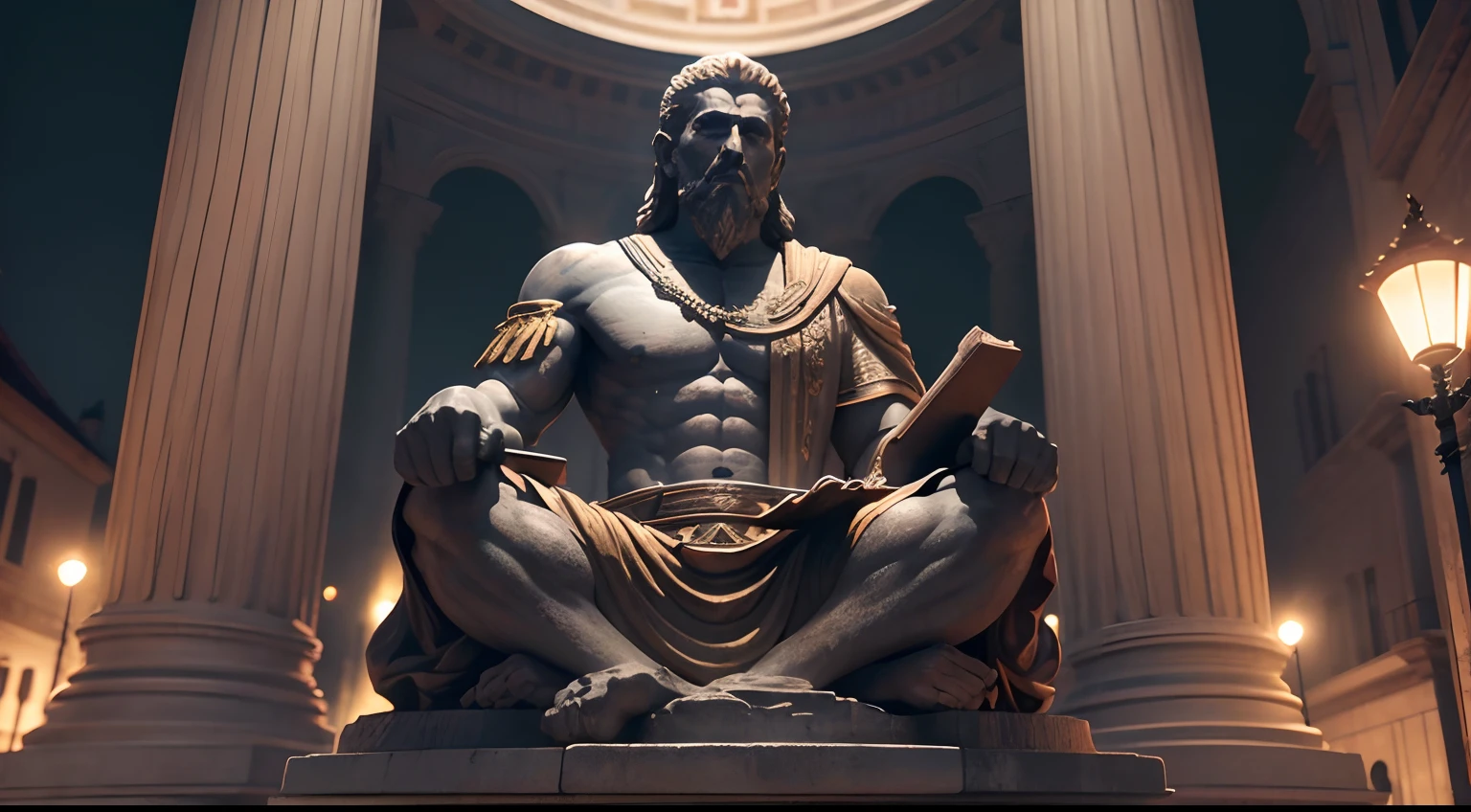 Strong Stoic statue, with an expression of anger, using tunica, noite escura, fundo grego antigo do templo, 35 mm, lateralmente, Filmado em Sony A7S III com Sony FE 35mm f/1.8, 12.1 MP, --AR 3:2 --estilo cru