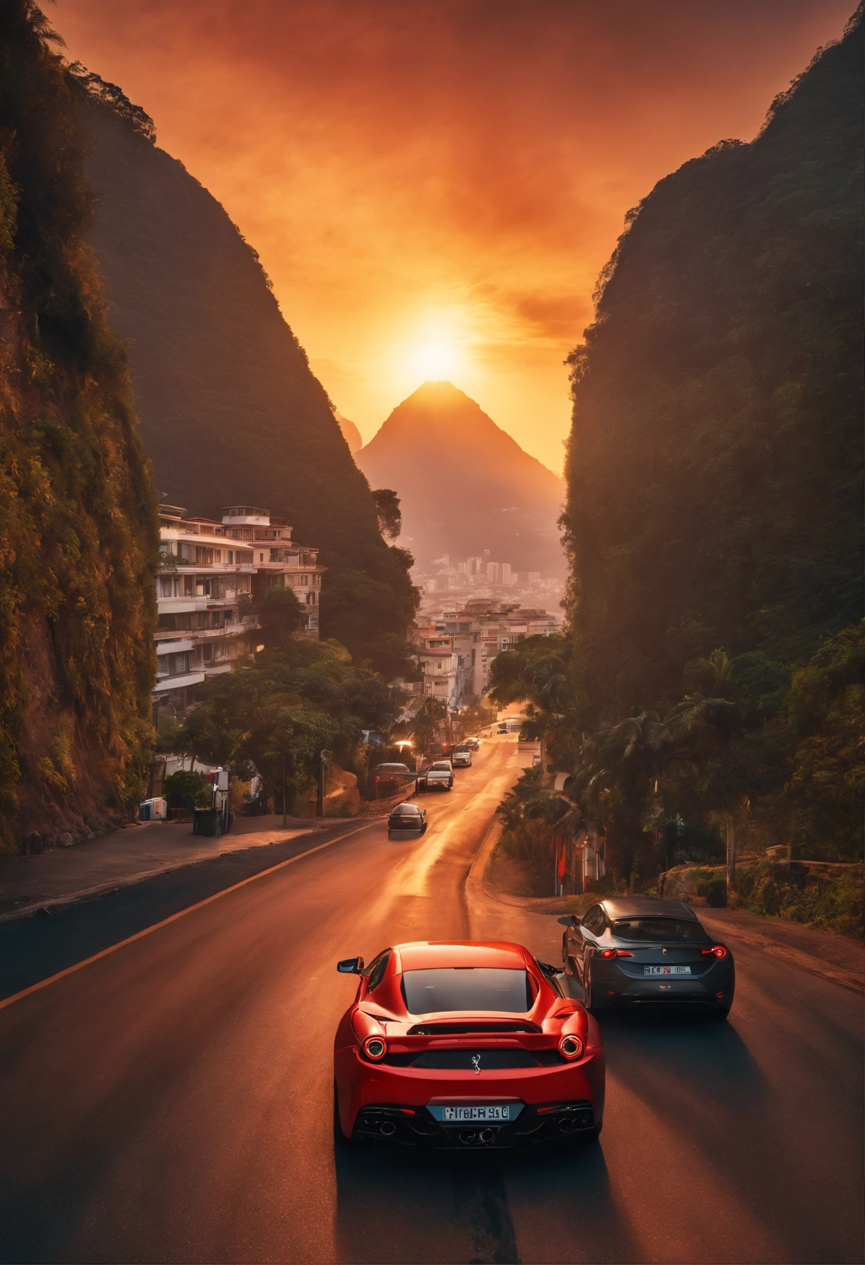 (best quality, 8k, master part :1.2), hyper realistic, cidade do Rio de Janeiro, Brasil, em uma montanha, uma Ferrari 488 vermelha detalhada, Cristo Redentor ao fundo, uma menino com uma arma cruzada e uma bola de futebol nos pes de costa em roupas de esporte olhando para a paisagem