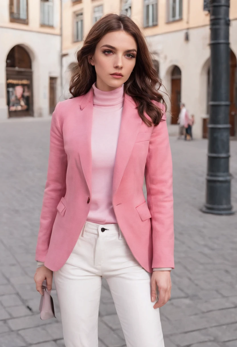 Woman in pedestrian zone, pinker Kapuzenpullover, Pinker Blazer, white pants, pinke sneaker, Runs in the pedestrian zone, braune lockige lange haare