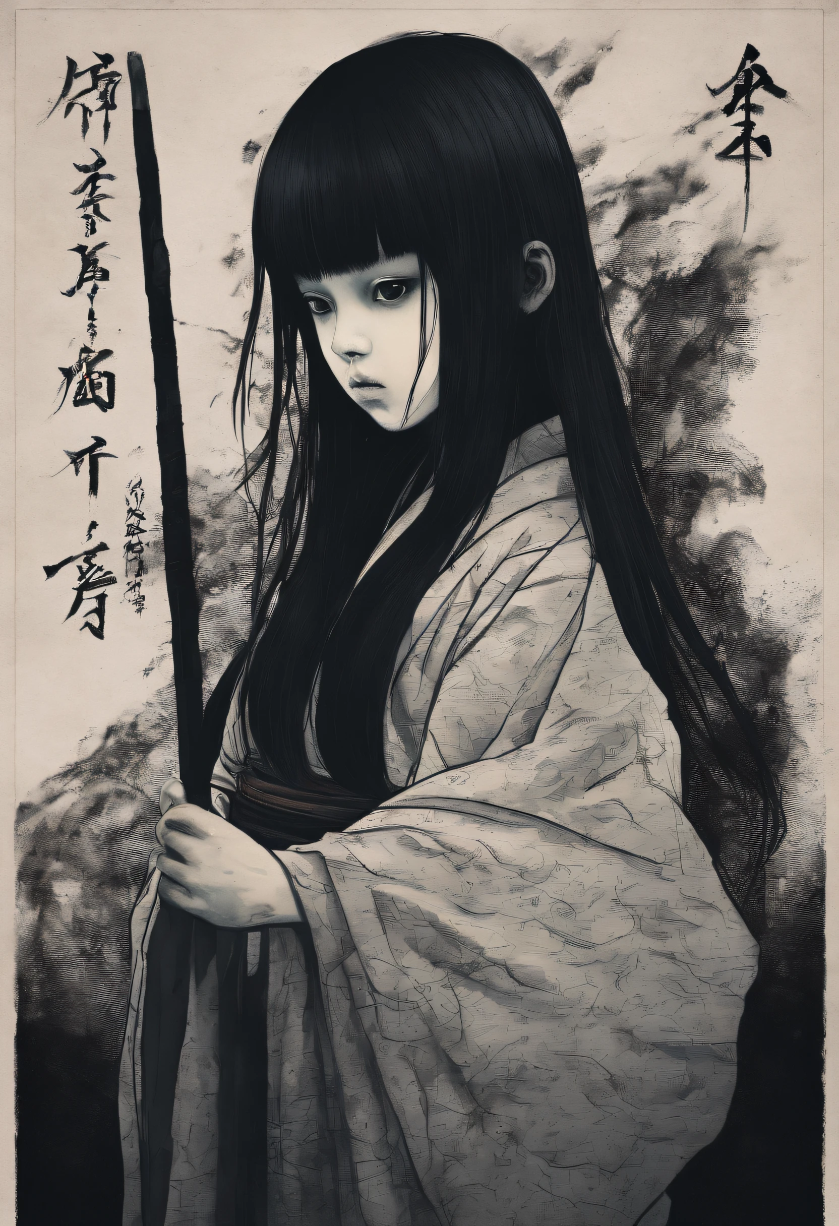 -yeld dater of Japan with black black hair and black black eyes in kimono、