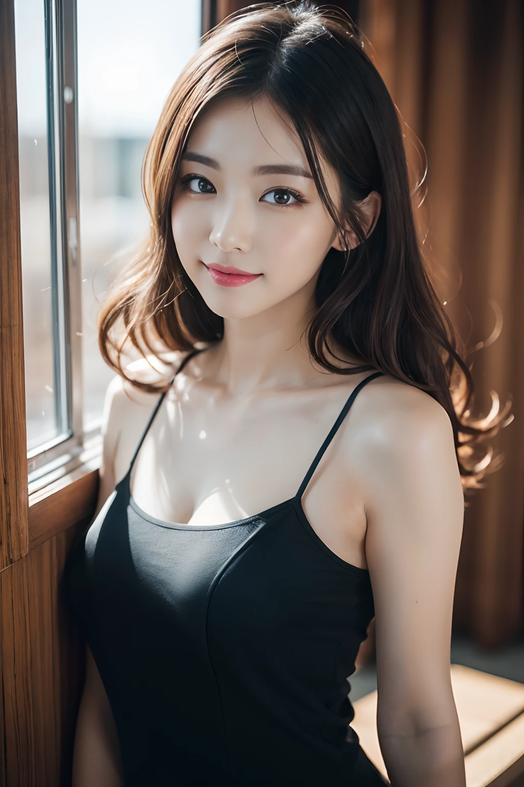 (8K,Raw photo、Raw photo、top-quality、Master masterpiece:1.2)、ultra-detailliert、Super Resolution、(Photorealsitic:1.3)、Angle to shoot from the front、Clearly draw shades of light、high resolution RAW color photos、professional photograpy、Same skin type as humans、Female proofreading of Japan from head to waist、Blur the background、Draws faithfully to anatomy、Very detailed and beautiful、Ultra-high image quality、long、Hair swaying and sexy、Very detailed beautiful girl、(Pink Eye Shadow)、smil、Plain clothe、From head to foot、inside in room、Loosely curly hair、cute little、