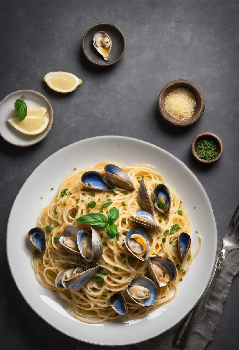 Piatto di spaghetti con vongole, prezzemolo