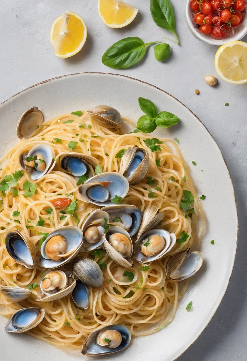 Piatto di spaghetti con vongole, prezzemolo