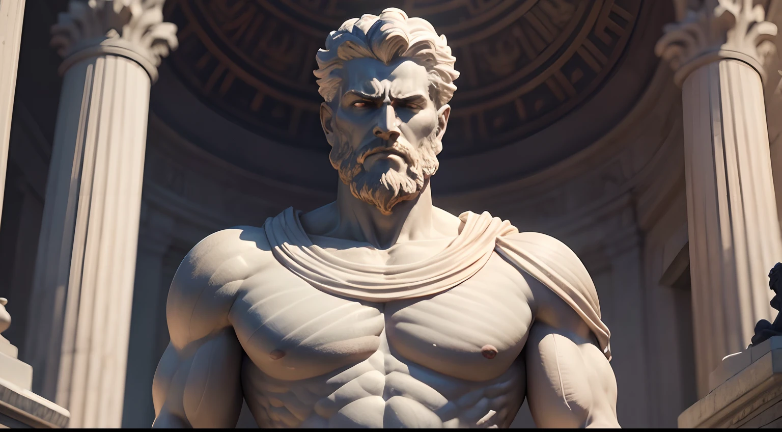 Strong Stoic statue, with an expression of anger, na rua, tempo escuro, fundo grego antigo de templo, 35 mm, lateralmente, Filmado em Sony A7S III com Sony FE 35mm f/1.8, 12.1 MP, --AR 3:2 --estilo cru