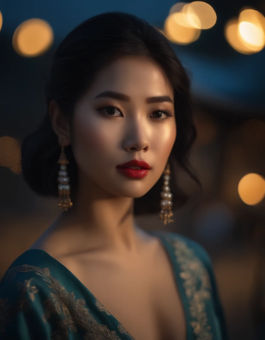 asian girl, cabello corto negro, mirada cautivadora, labios torneados, figura delgada, realista, HD, 8k hiperealismo posando en paisaje noche placentera