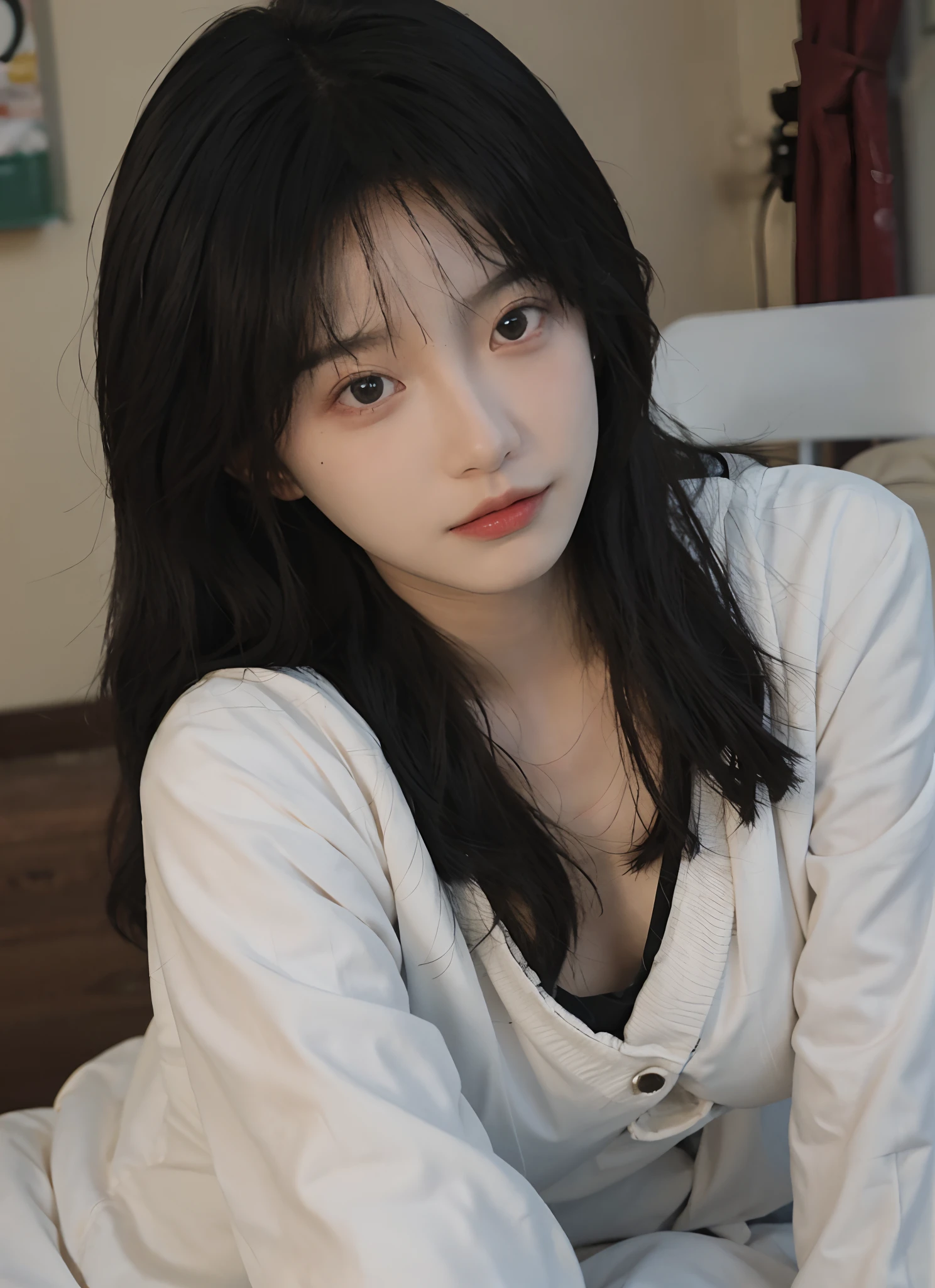 best qualtiy, 超高分辨率, (realisticlying:1.4), one-girl, A pair of eyes as clear as snow,Royal Sister,Black long straight,yellow school uniforms, (big cleavage breasts:1.3), looking at viewert, closeup cleavage ,