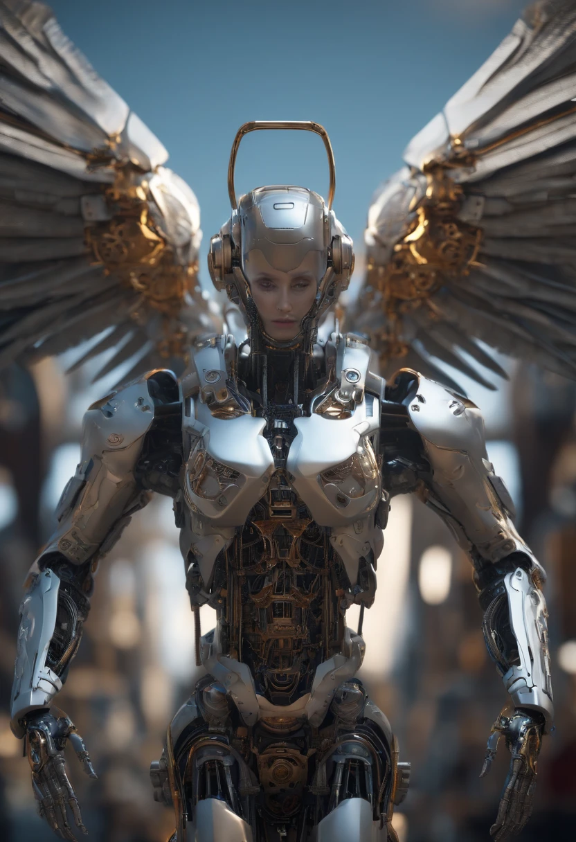 Robotic angel, 8k unreal engine render, wires and gears, photorealistic