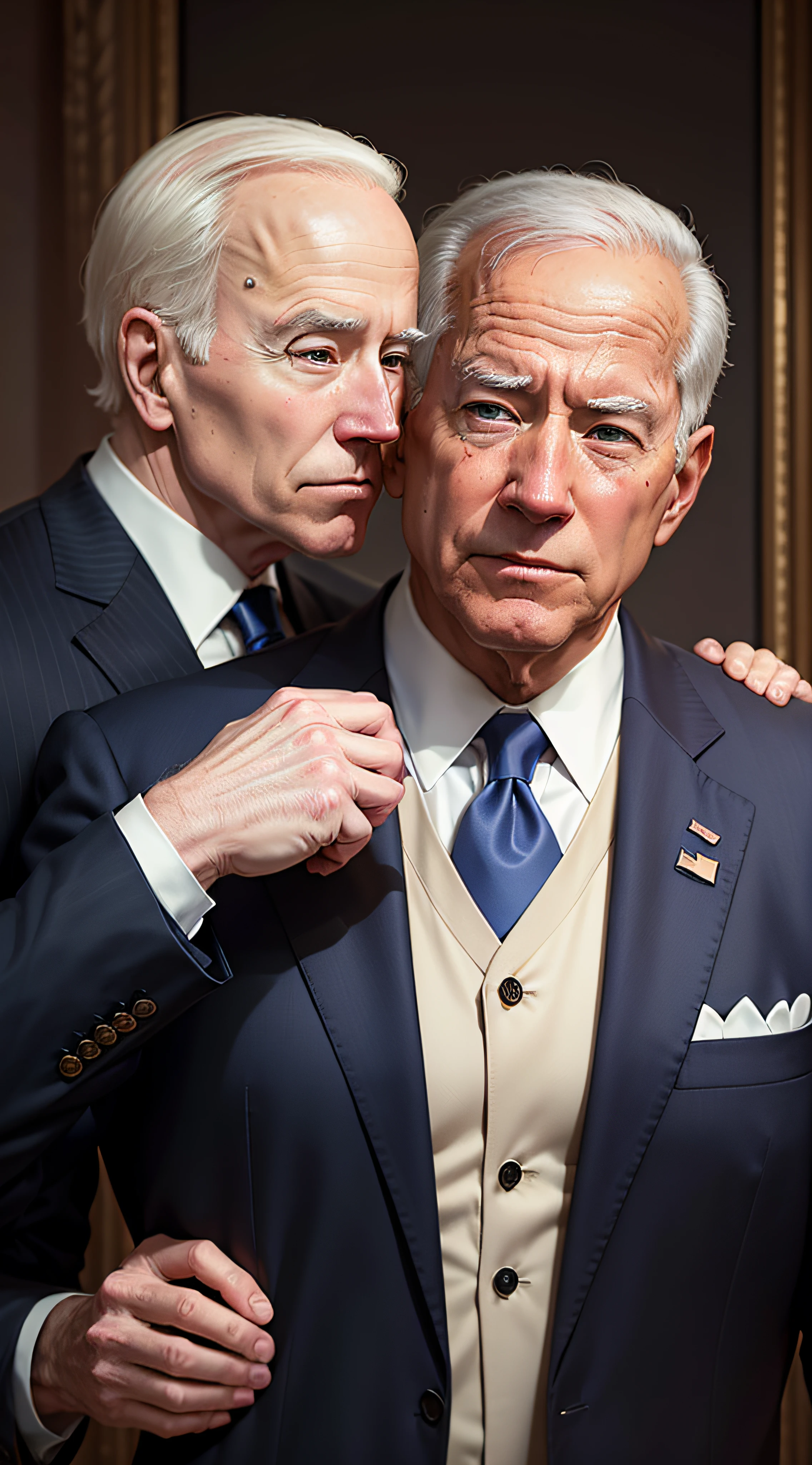 creates a hyper-realistic image of President Joe Biden shaking hands with Benjamin Netanyahu who has blood pouring from his mouth