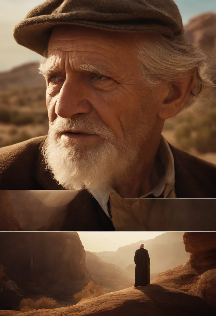 Ellie encounters a mysterious old man, calling himself "The Prophet." The camera focuses on the old man's weathered face as he imparts wisdom and knowledge to Ellie. His voice echoes with conviction as he speaks of the greed and selfishness that brought about the world's destruction.