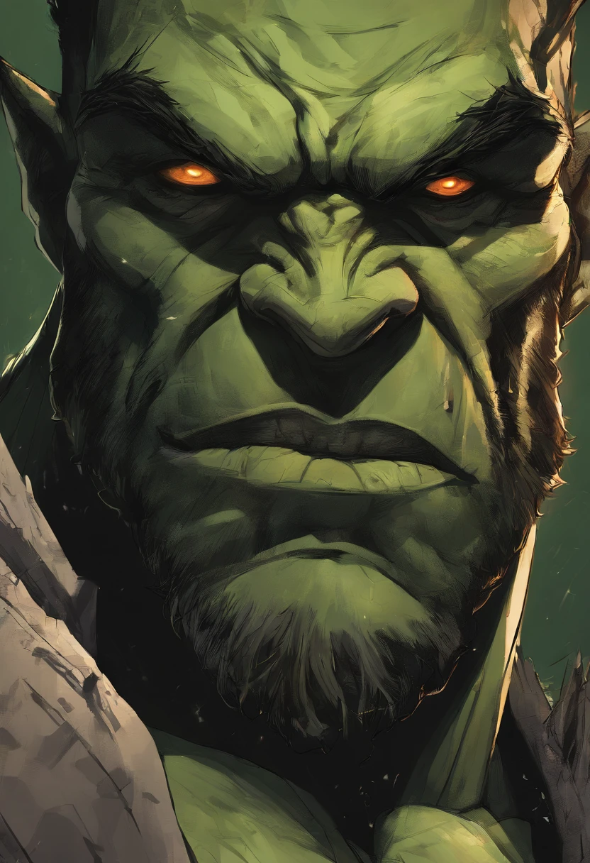 Face de um homem orc musculoso, manly, barba muito longa, pele verde, square jawline, musculoso, muito forte, peito peludo, manly, musculoso, Presas, presas grandes