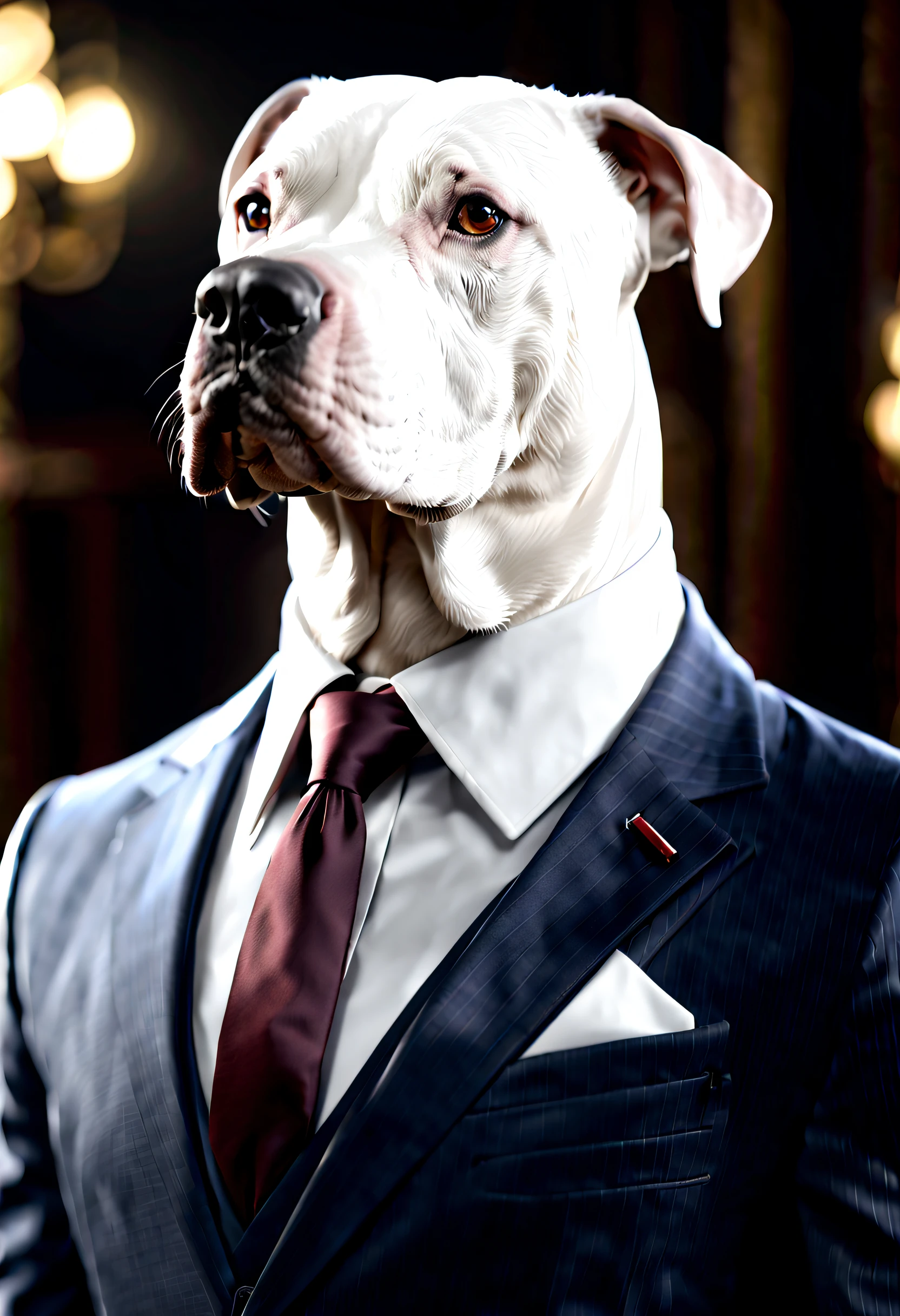 Dogo Argentino wears a suit and tie instead of a collar, unreal engine, meisterwerk, kunstwer, uhd, 4k, 8k,