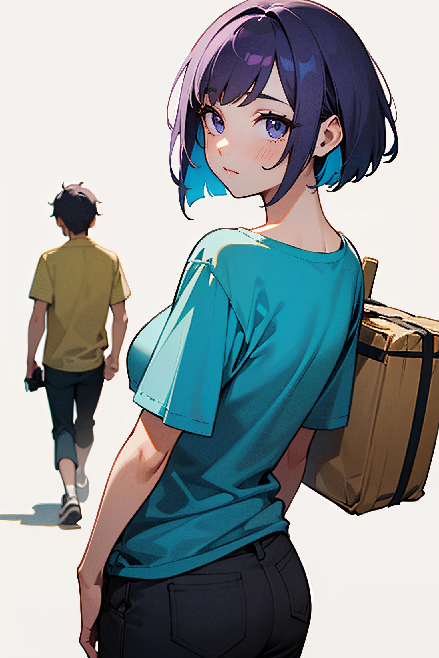 (((a boy and a mature female))),(((walking with their back to viewer))),they are lined up side by side,they are each wearing T-shirts and pants,common people,
drawn by the world's best illustrator,{{{masterpiece}}}, super fine illustration, best quality, light particles, ultra-detailed, 8K wallpaper, (bright colors:1.2), 
(a girl),solo,shiny skin,
straight hair, shiny hair, woman has short light purple hair,
simple white background,
perfect lighting,