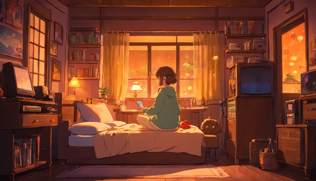 Girl listening to music in a cozy room at night, Usando fones de ouvido, Anime estilo 2D, Lo-fi, disco Rigido, Ambiente escuro