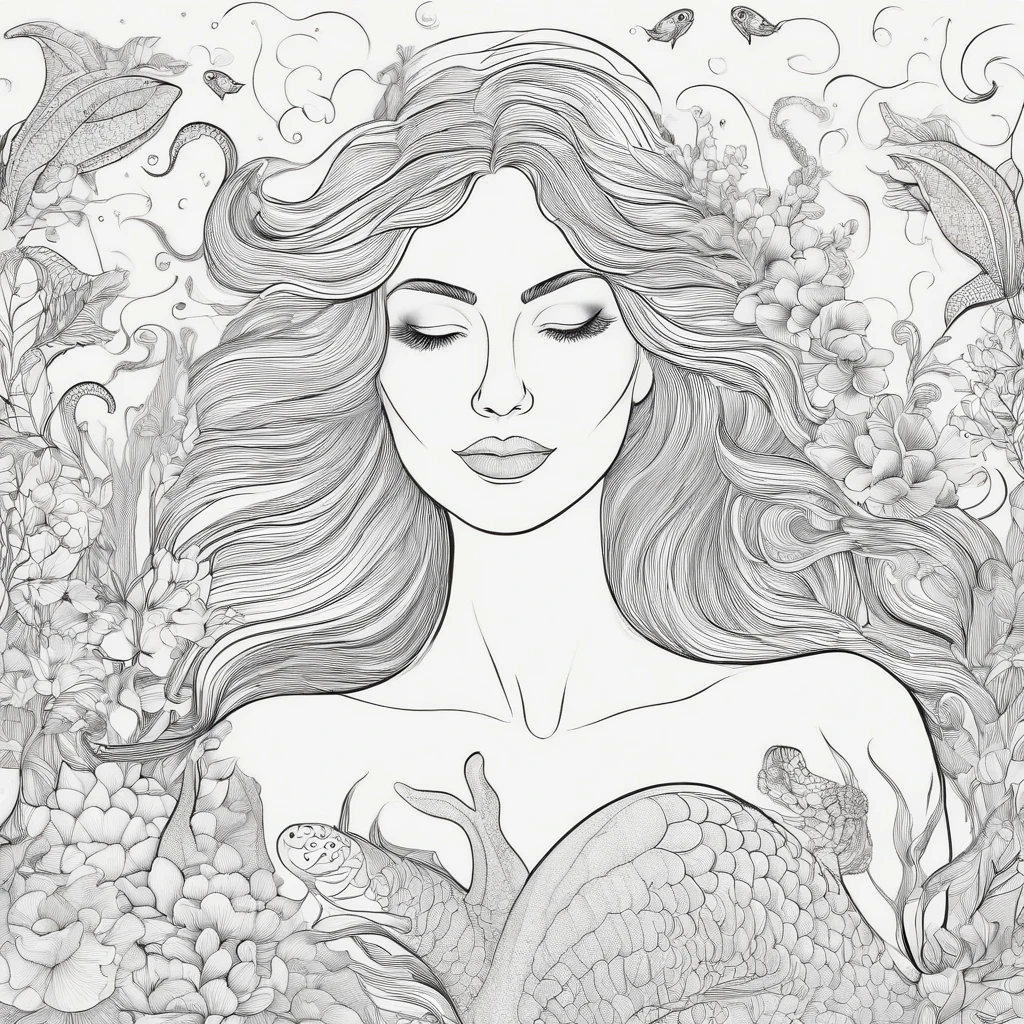 ::A whimsical pattern of mermaids and sea creatures:: high detail adult coloring book page thin black lines white background –no book, logo, page, letters, words, markers, flowers, animals –no black background –v 4