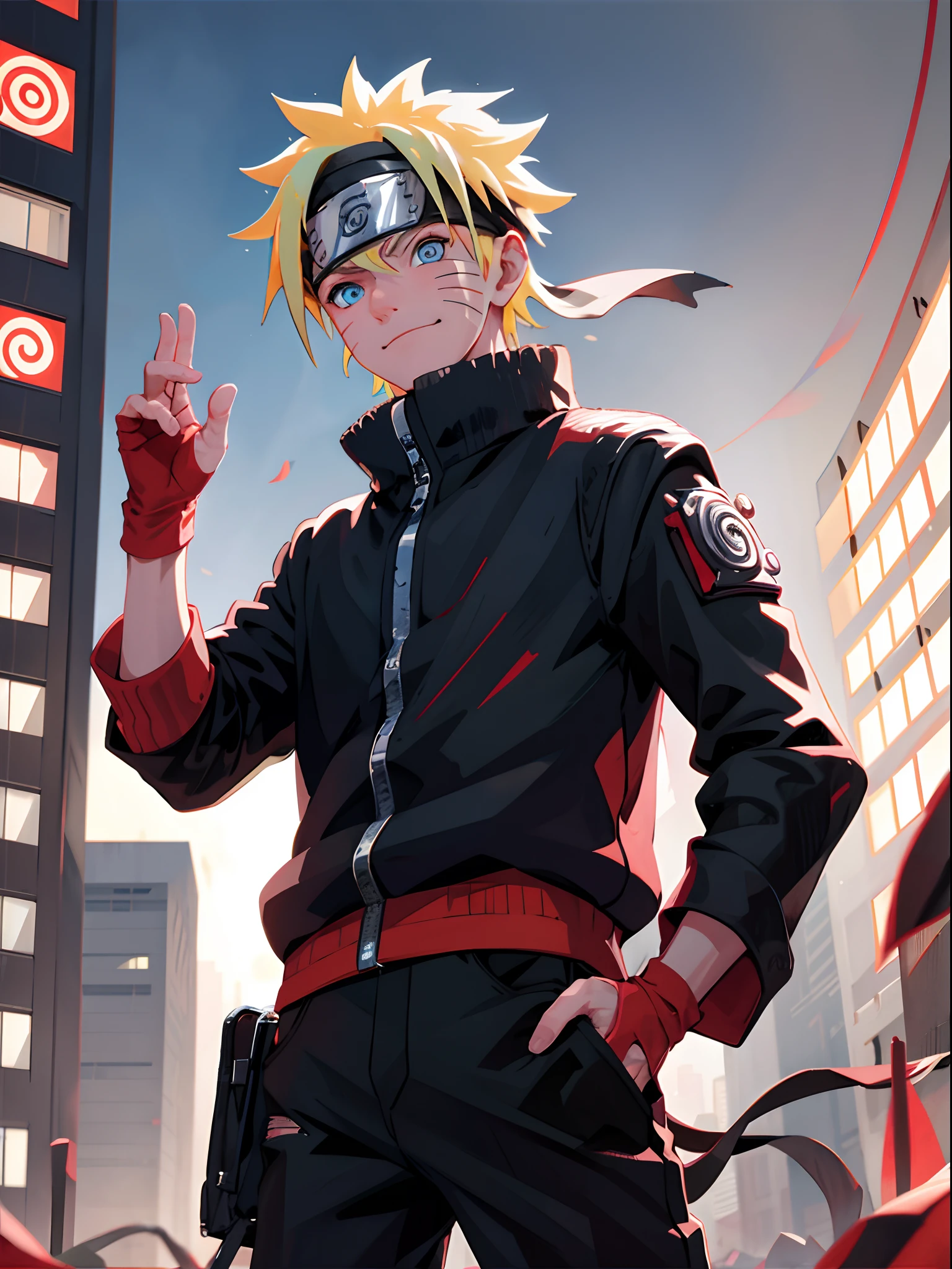 Portrait, 1 boy, Junior style, Pointy blonde hair, Scratches on Cheeks, Black and red clothes, Leather jacket, Jeans, Boots, Turban with leaf symbol, Perfect eyes, Cool, Blue eyes, full bodyesbian, During the day, outside, --Name Naruto Uchiha Smile -- City with futuristic architecture and holograms