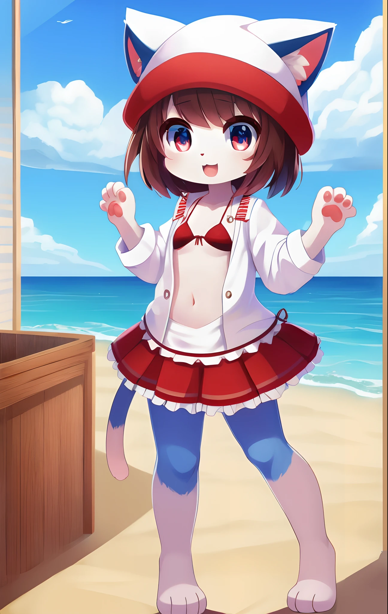 Furry girl, young, cat, pink cheeks, brown hair, short rect hair, rect bangs, small breasts, white body fur, two color eyes, red and blue eyes, detailed body fur, detailed body, detailed face, detailed eyes, skinny, high quality, masterpiece, glistering body, shiny body, red beret, bells on hat, small frilly jacket, red frilly bikini, blue frilly short skirt, black eye shadows, beach, clear sky, :3, open mouth, standing, full body, paws whit three toes, kawaii