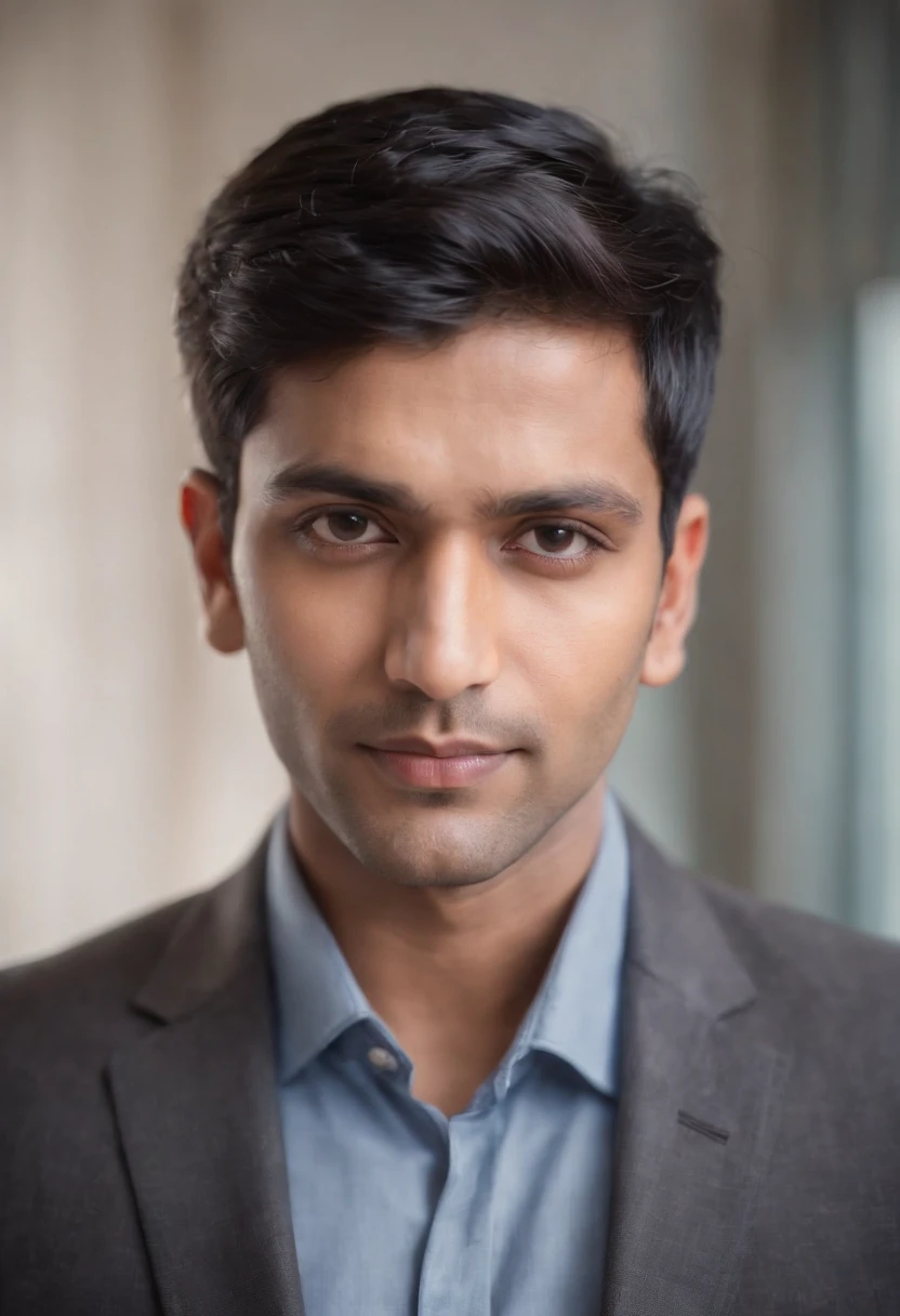 30 year old Indian man with short black hair in a business suit, shaved, portrait, looking directly at the camera, headshot, professional photo, corporate portrait, professional profile picture, headshot photograph